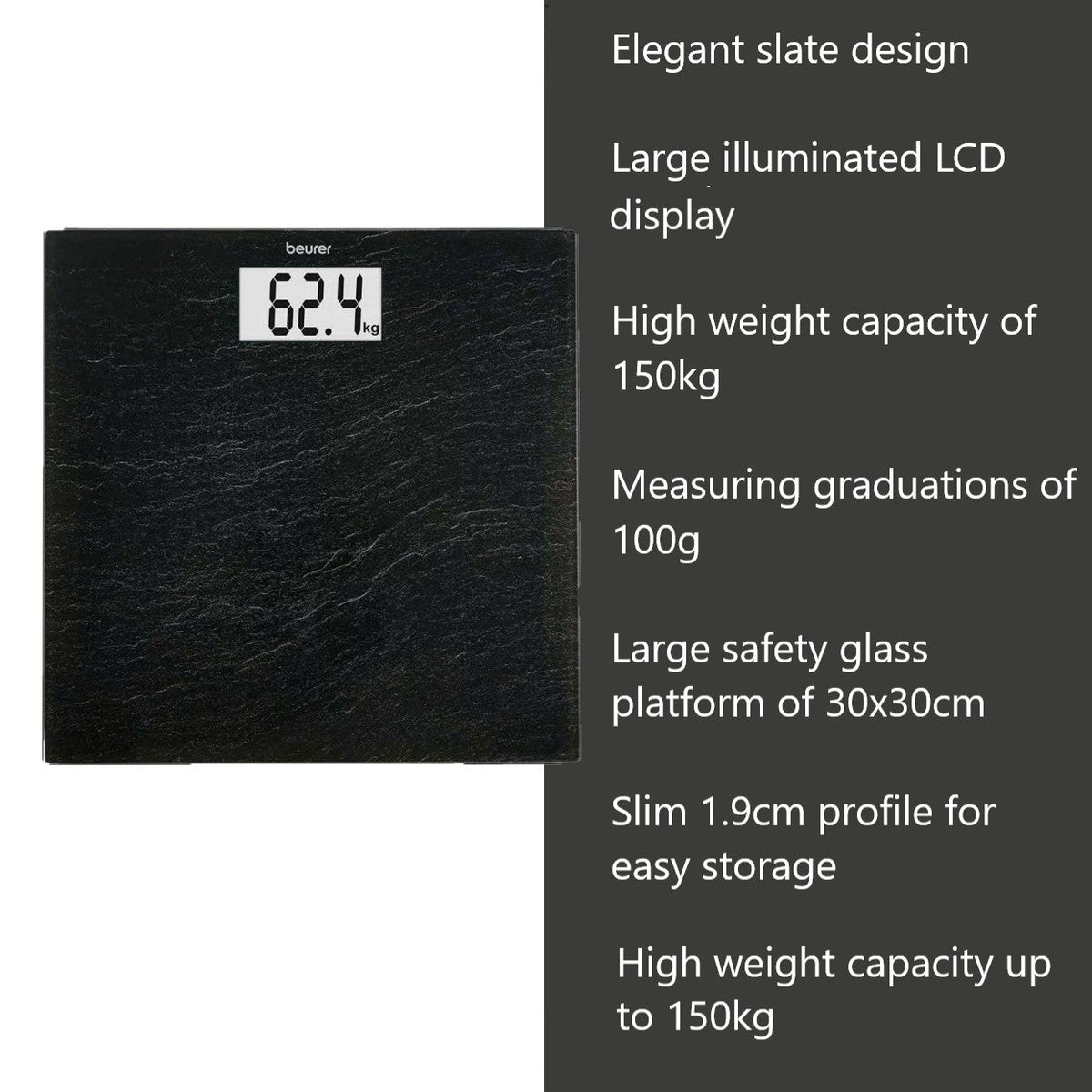 Beurer GS 203 Personal Bathroom Scale | Slate Print on Safety Glass | 150kg Weight Capacity