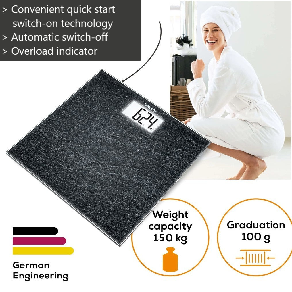 Beurer GS 203 Personal Bathroom Scale | Slate Print on Safety Glass | 150kg Weight Capacity