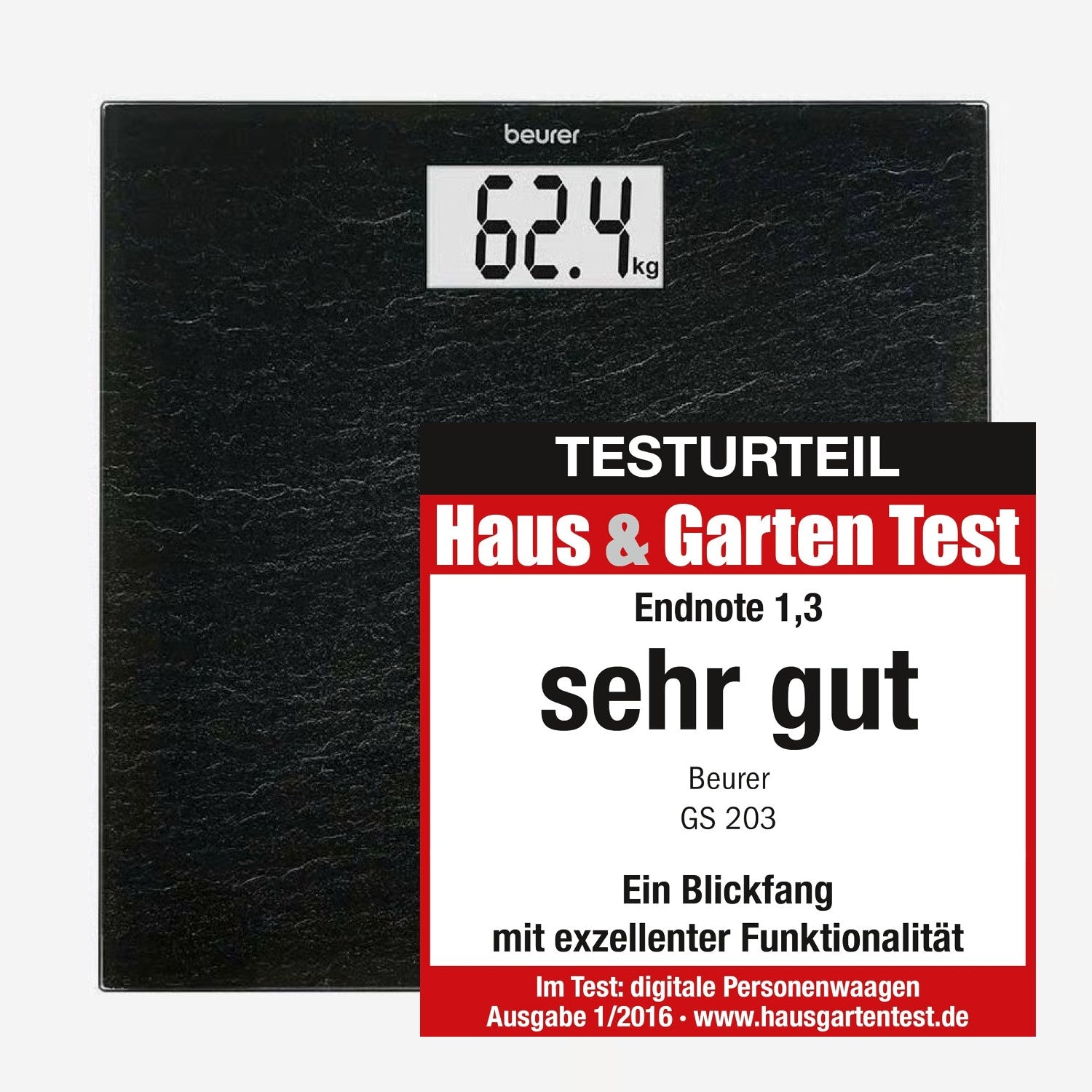 Beurer GS 203 Personal Bathroom Scale | Slate Print on Safety Glass | 150kg Weight Capacity