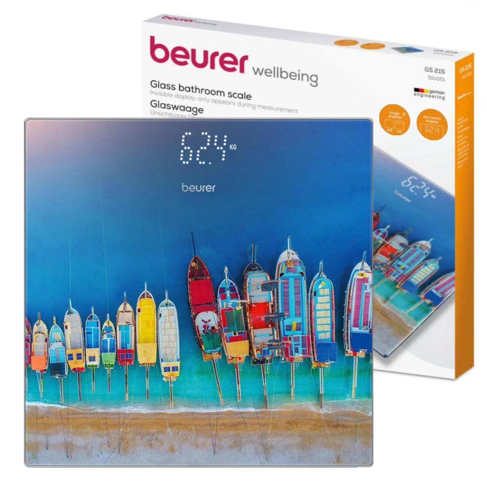 Beurer Germany Digital Bathroom Scale | Boat Print on Glass| 180kg Weight Capacity. 100g. Kg/Lb/St | GS 215 Boats