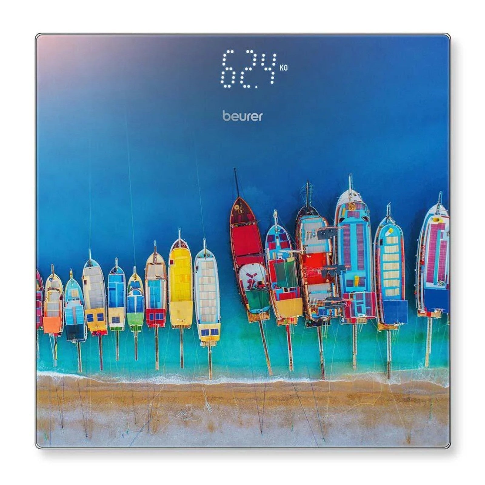 Beurer Germany Digital Bathroom Scale | Boat Print on Glass| 180kg Weight Capacity. 100g. Kg/Lb/St | GS 215 Boats