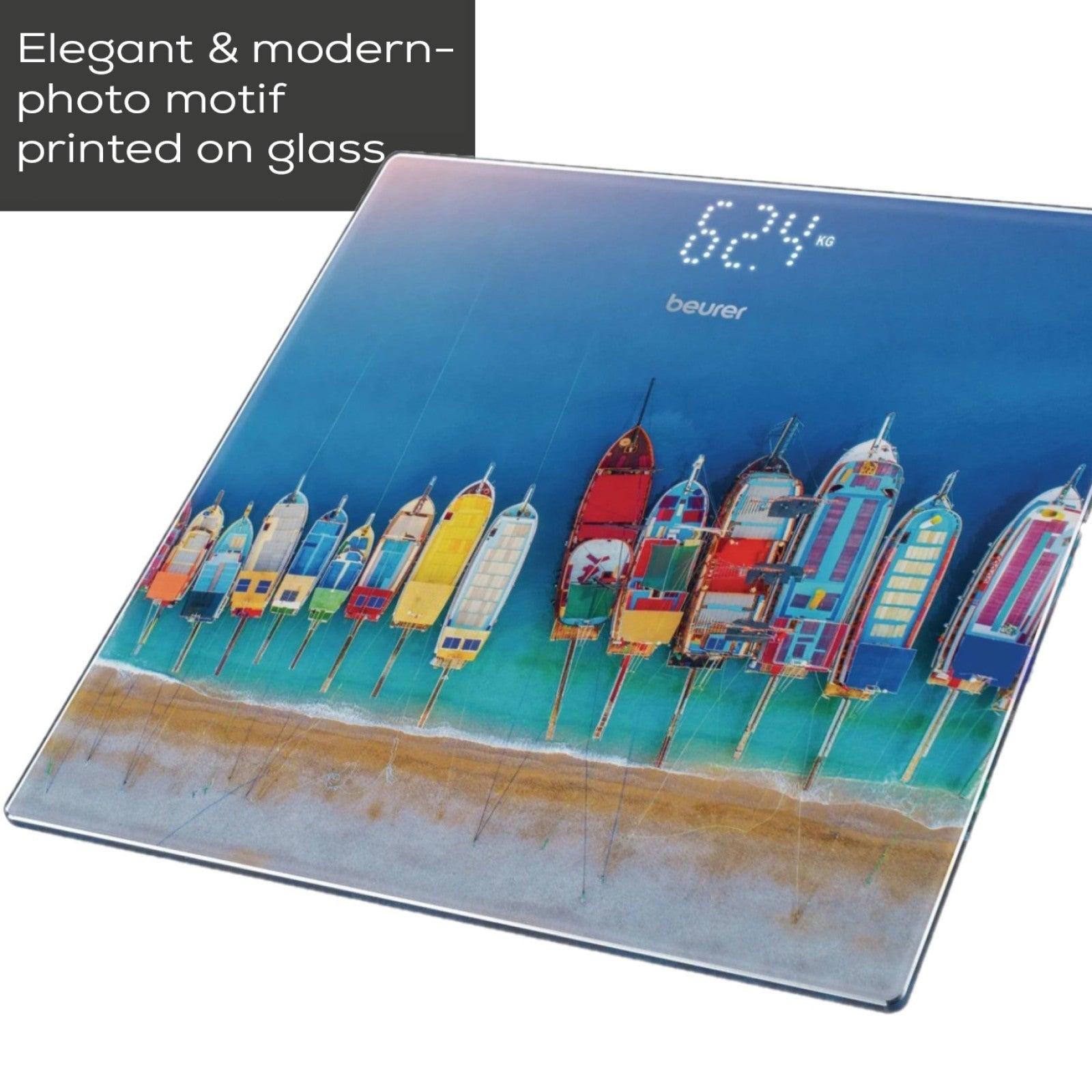 Beurer Germany Digital Bathroom Scale | Boat Print on Glass| 180kg Weight Capacity. 100g. Kg/Lb/St | GS 215 Boats