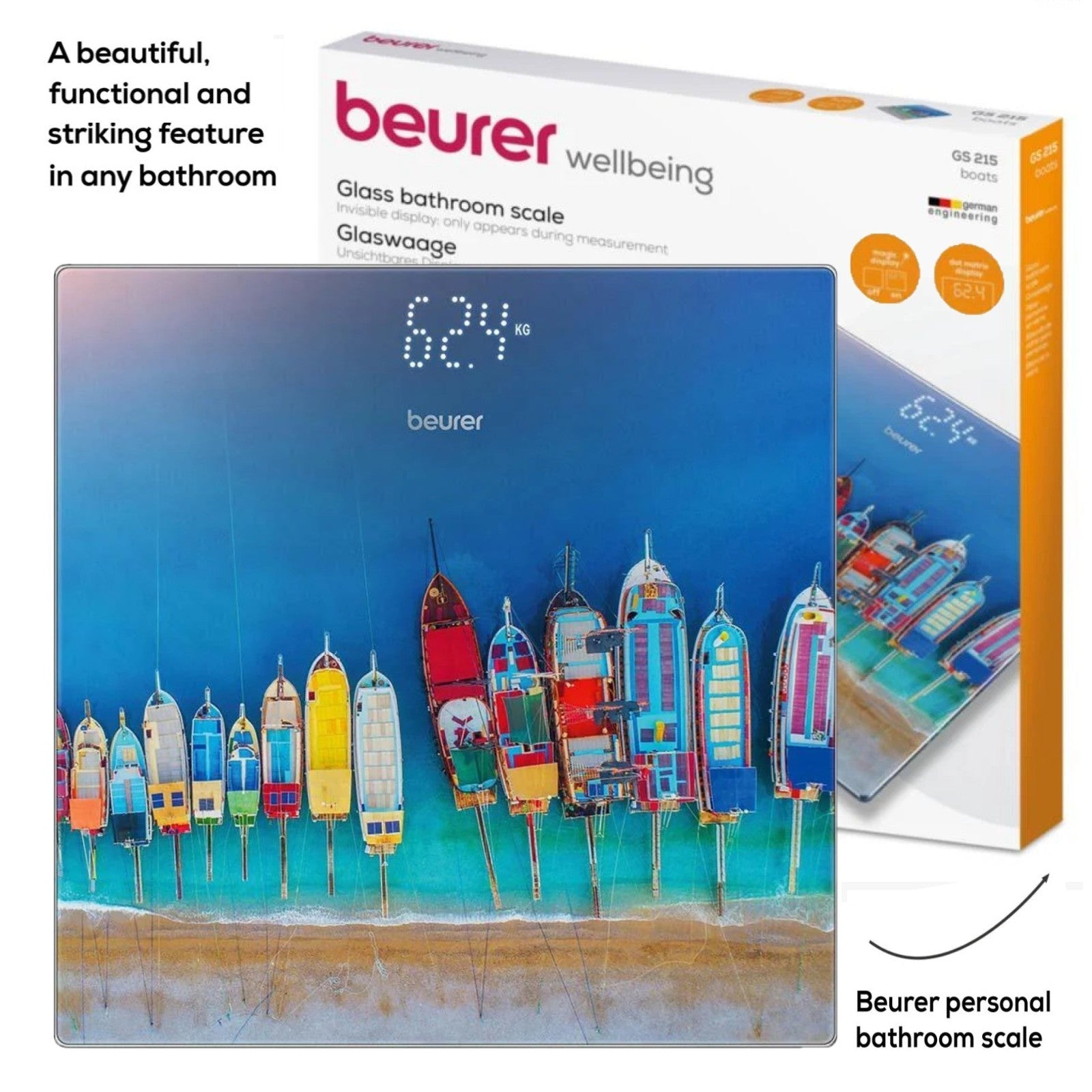Beurer Germany Digital Bathroom Scale | Boat Print on Glass| 180kg Weight Capacity. 100g. Kg/Lb/St | GS 215 Boats