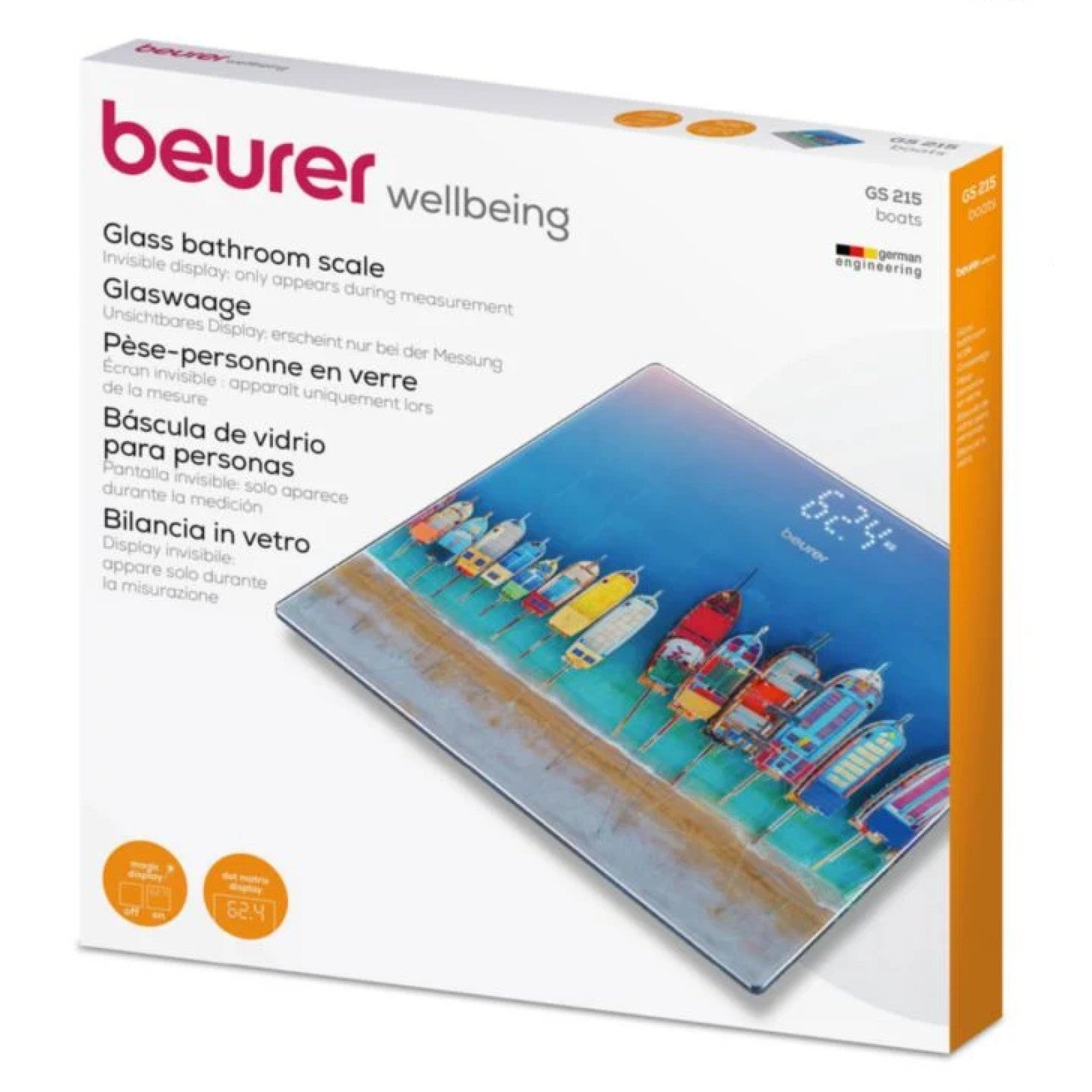 Beurer Germany Digital Bathroom Scale | Boat Print on Glass| 180kg Weight Capacity. 100g. Kg/Lb/St | GS 215 Boats