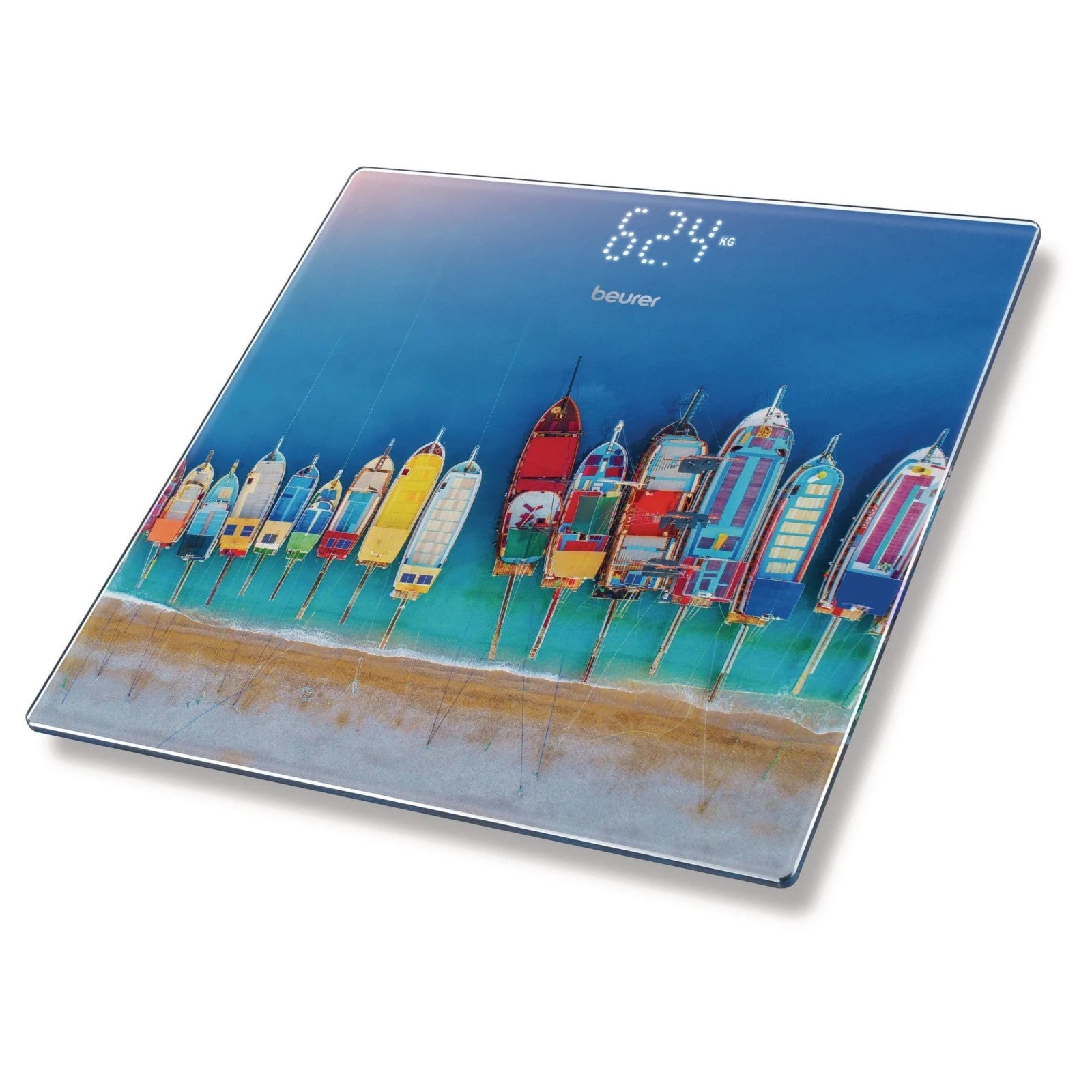 Beurer Germany Digital Bathroom Scale | Boat Print on Glass| 180kg Weight Capacity. 100g. Kg/Lb/St | GS 215 Boats