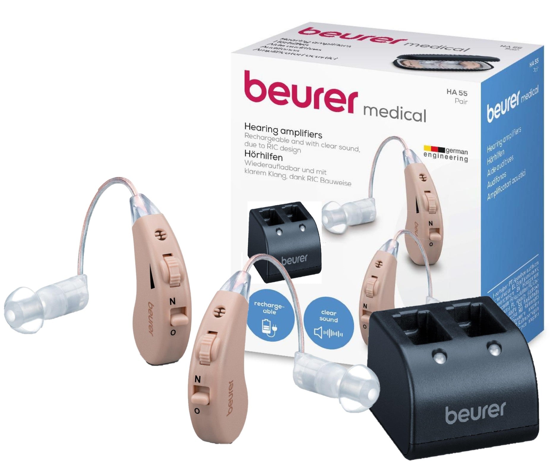 Beurer Germany HA 55 Personal Hearing Amplifiers. Rechargeable. RIC Design. Set of 2