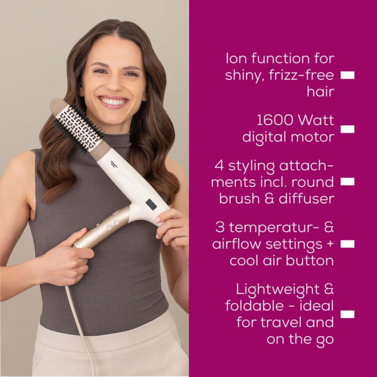 Beurer HC 150 One-Step Hair Dryer & Styler with 4 Attachments | Ionic | Foldable & Light for Travel | 1600W