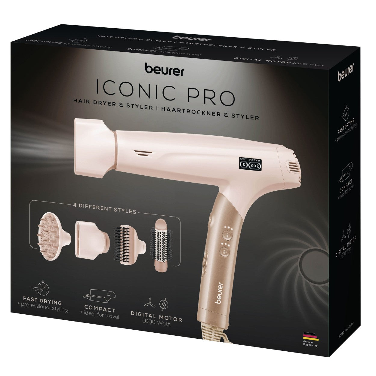 Beurer HC 150 One-Step Hair Dryer & Styler with 4 Attachments | Ionic | Foldable & Light for Travel | 1600W
