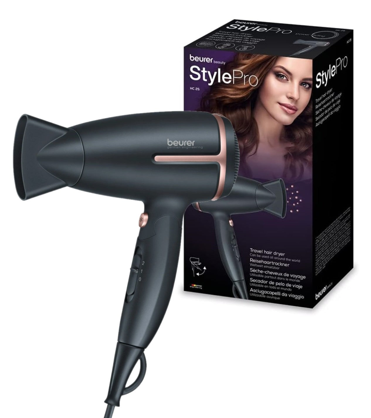 Beurer HC 25 Travel Hair Dryer | World Travel Voltage Switchover | Foldable | 1600 W Drying