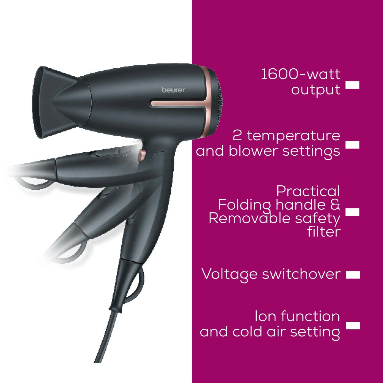 Beurer HC 25 Travel Hair Dryer | World Travel Voltage Switchover | Foldable | 1600 W Drying