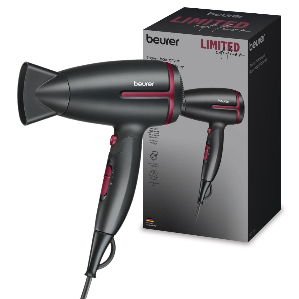 Beurer HC 25 LE25 Travel Hair Dryer | World Travel Voltage Switchover | Foldable | 1600 W Drying
