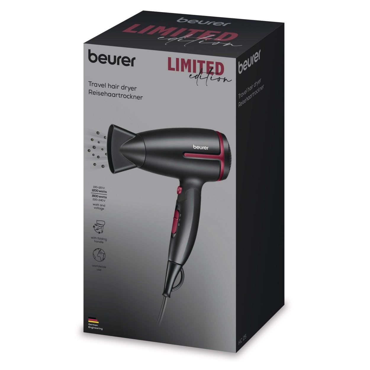 Beurer HC 25 LE25 Travel Hair Dryer | World Travel Voltage Switchover | Foldable | 1600 W Drying