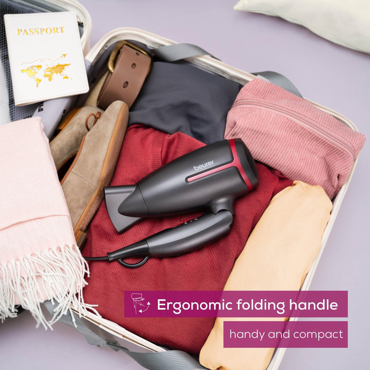 Beurer HC 25 LE25 Travel Hair Dryer | World Travel Voltage Switchover | Foldable | 1600 W Drying