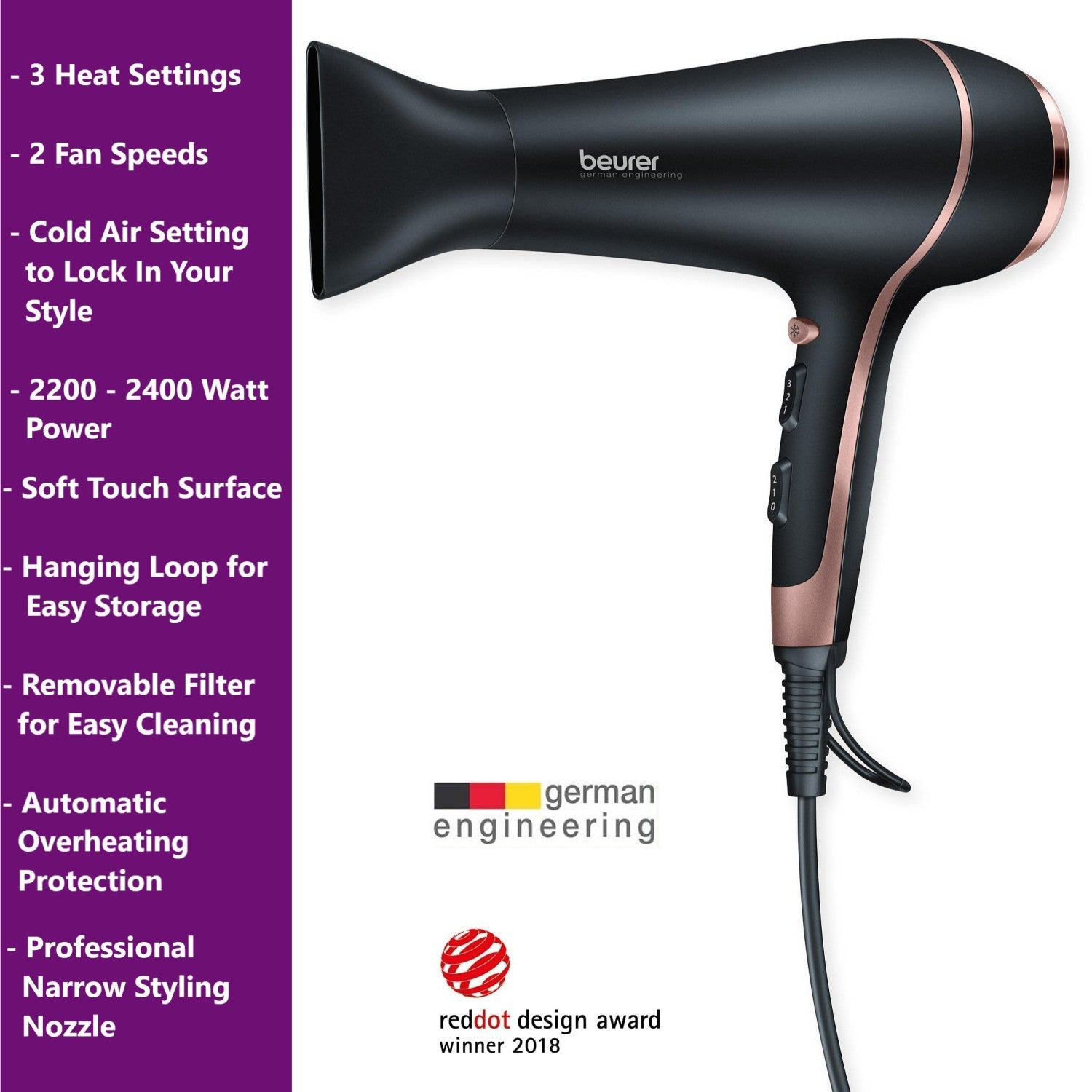 Beurer HC 30 Hair Dryer: Professional Blow Dryer & Slim Nozzle. 2200-2400 W. 3 Heat & 2 Fan Settings