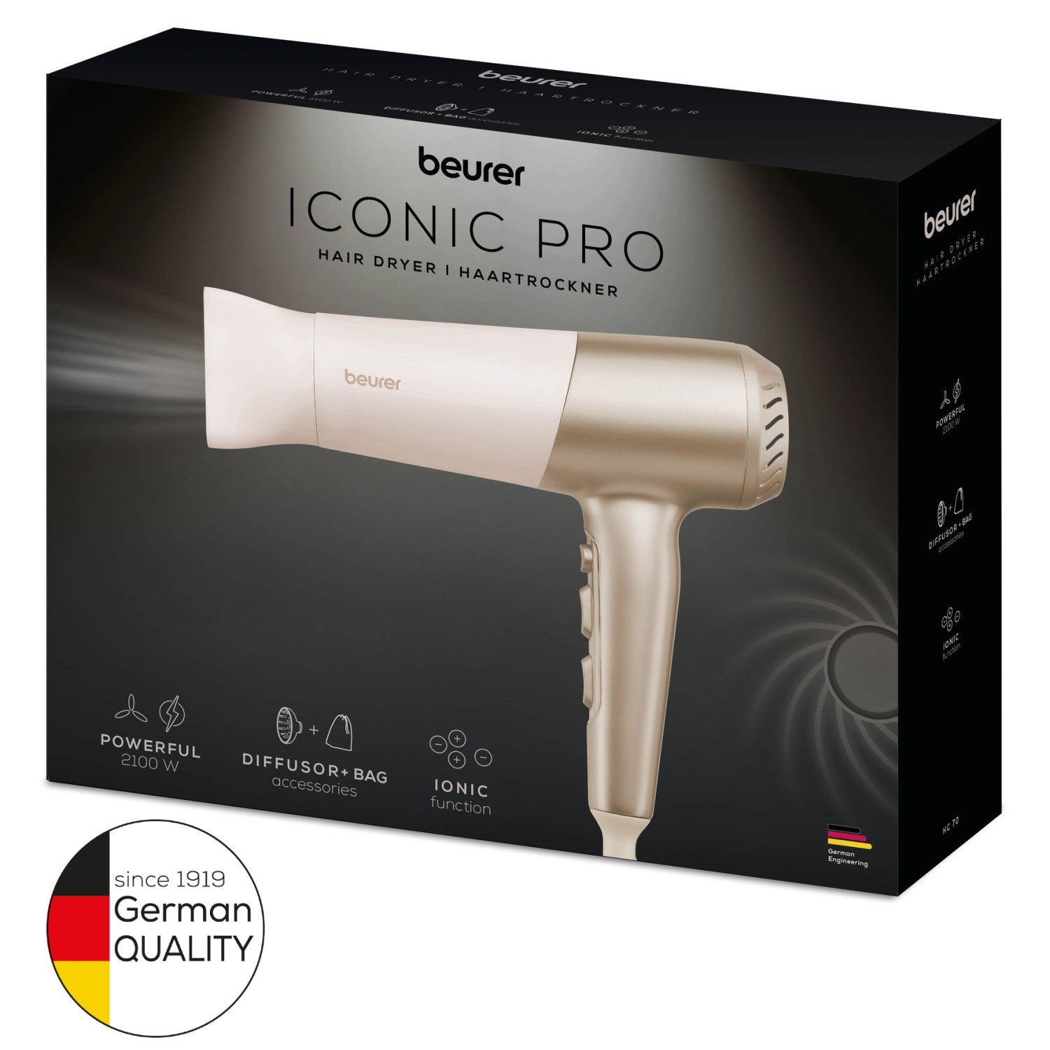 Beurer HC 70 Travel Hair Dryer | Ion Technology for Shine| 2100W Quick-Dry Power