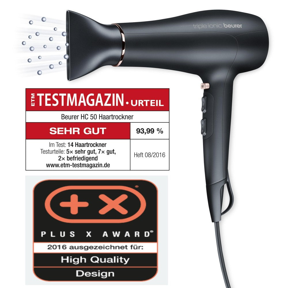 Beurer Hair Dryer with Diffuser, Nozzle, Ion Function & 2200W Power. Award Winning HC 50
