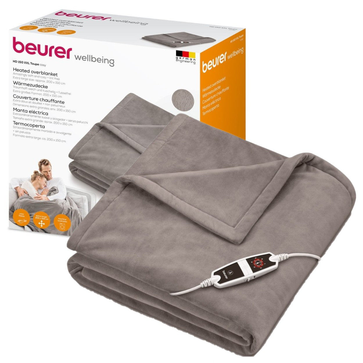 Beurer HD 150 XXL Electric Blanket Throw | Heated Over Blanket for Sofa, Bed, Study | 1.5x2m | Taupe Grey