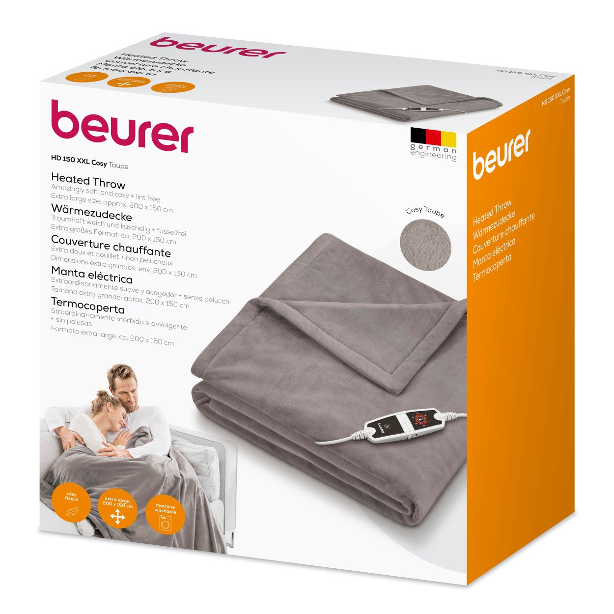 Beurer HD 150 XXL Electric Blanket Throw | Heated Over Blanket for Sofa, Bed, Study | 1.5x2m | Taupe Grey