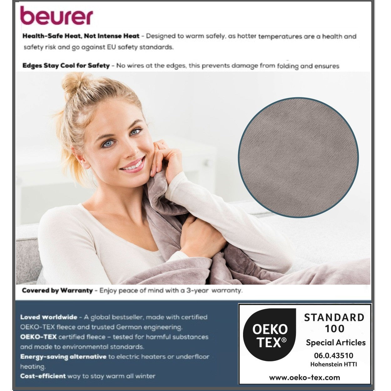 Beurer HD 150 XXL Electric Blanket Throw | Heated Over Blanket for Sofa, Bed, Study | 1.5x2m | Taupe Grey