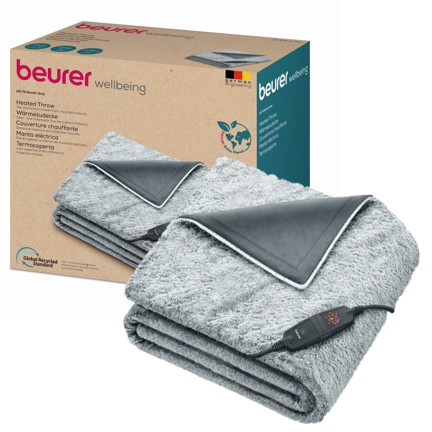 Beurer HD 75 GP Electric Blanket: Cosy, Eco-Friendly Heated Throw Blanket 180x130cm NORDIC GREY