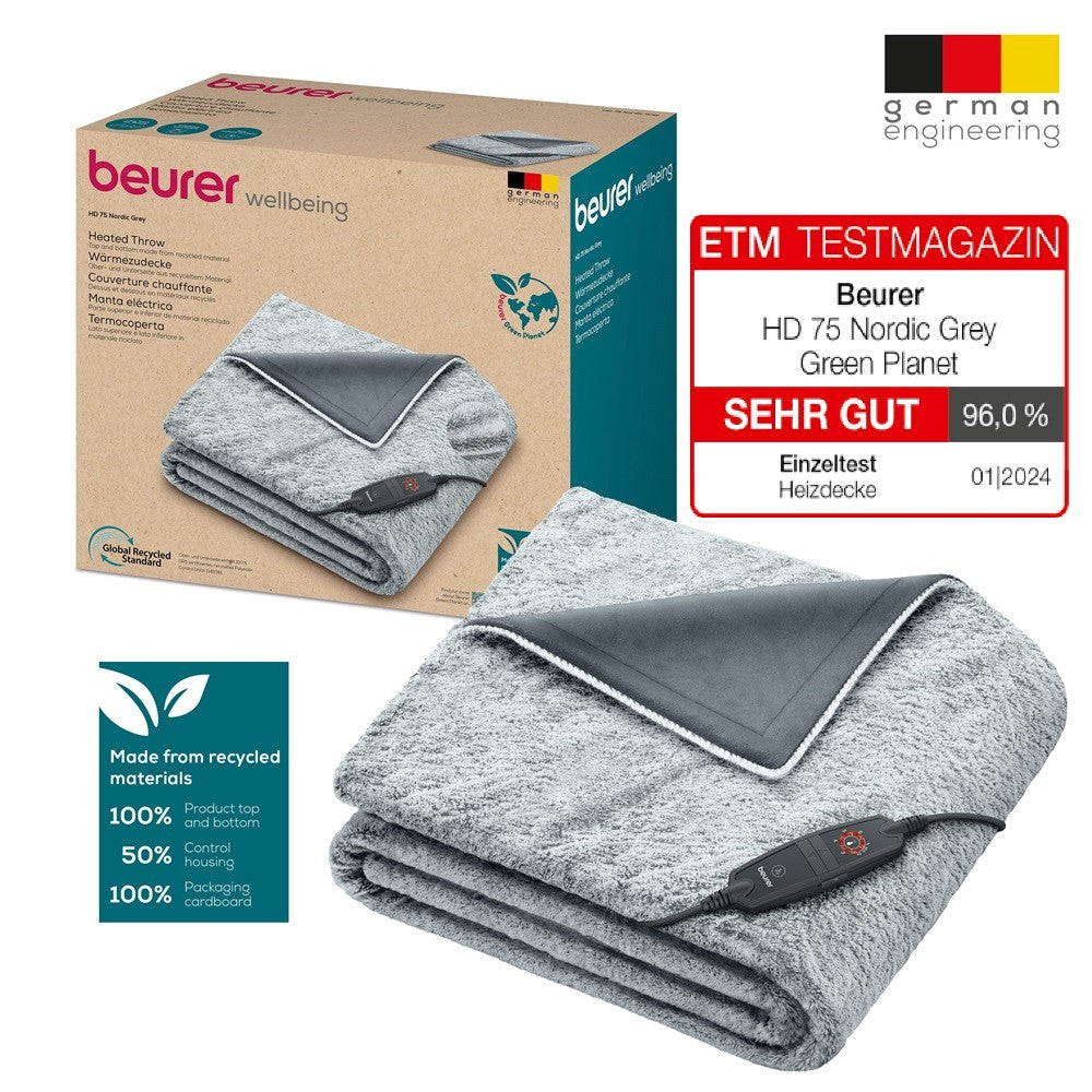 Beurer HD 75 GP Electric Blanket: Cosy, Eco-Friendly Heated Throw Blanket 180x130cm NORDIC GREY