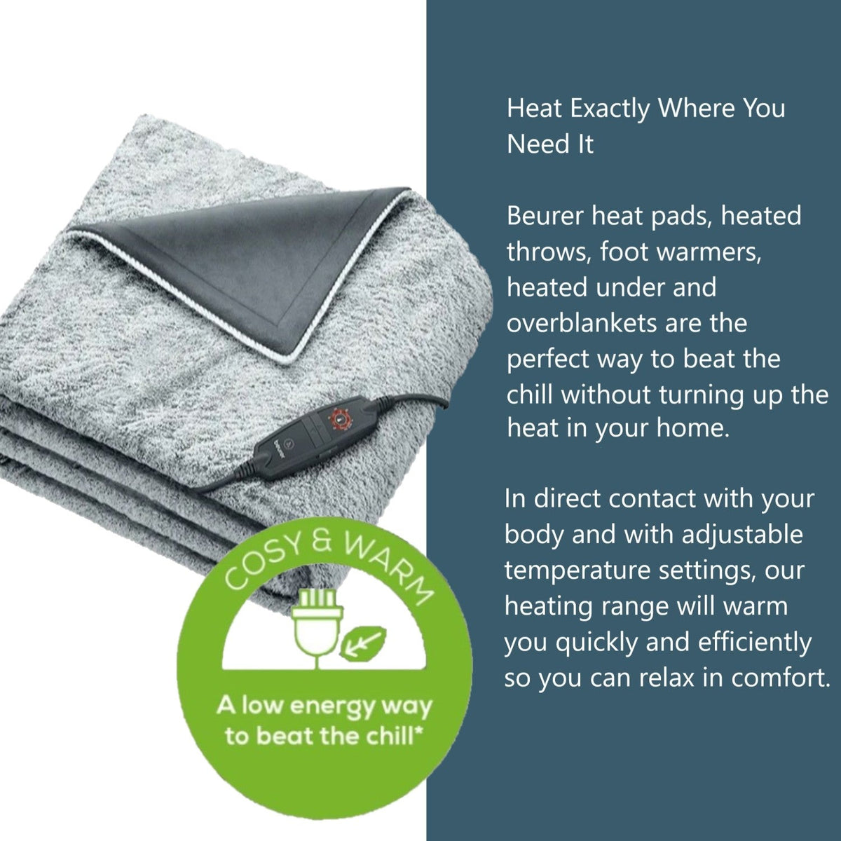 Beurer HD 75 GP Electric Blanket: Cosy, Eco-Friendly Heated Throw Blanket 180x130cm NORDIC GREY