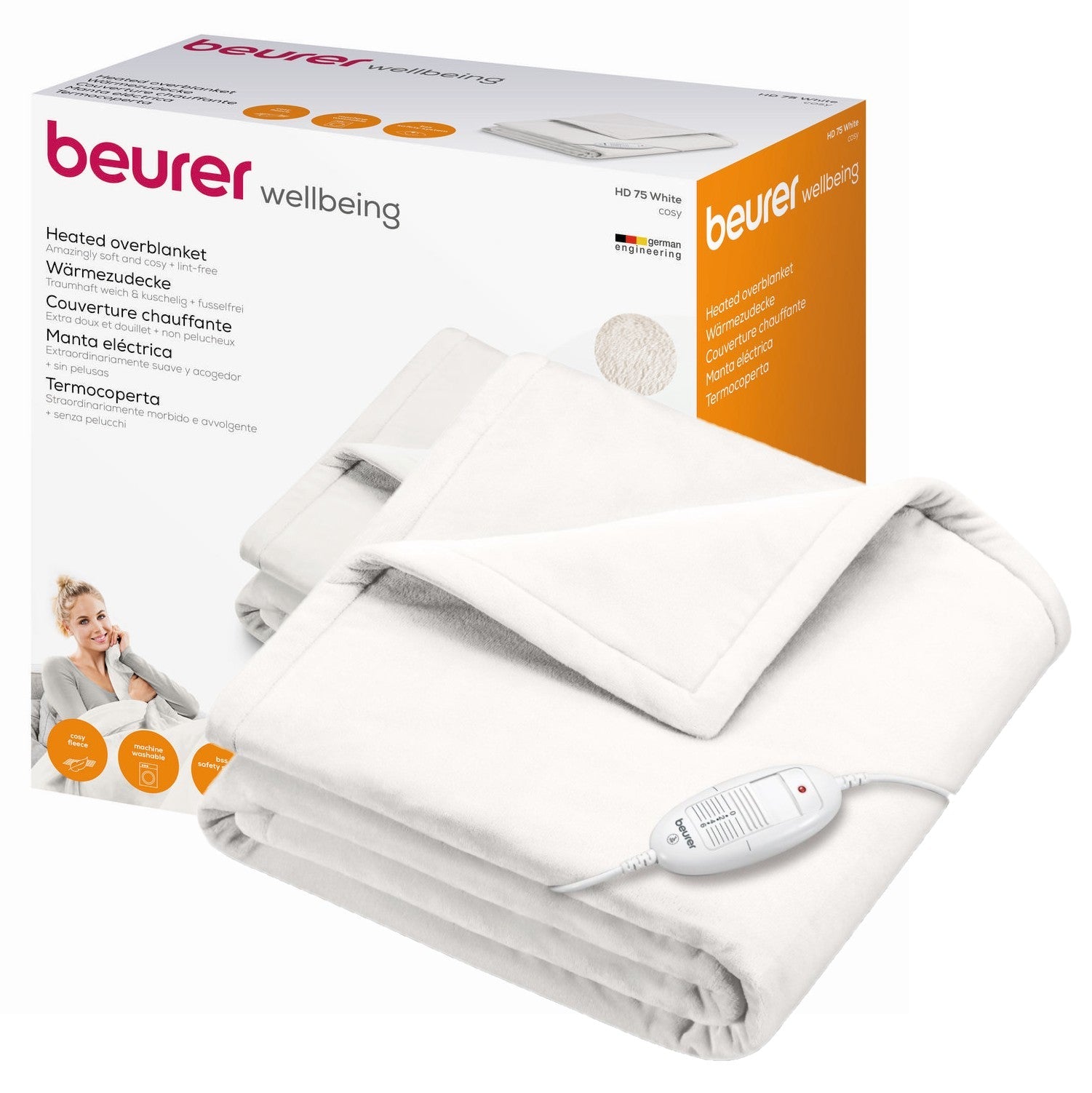 Beurer HD 75 Electric Blanket: Portable Heated Throw for Sofa, Bed or Study | 180x130cm | White