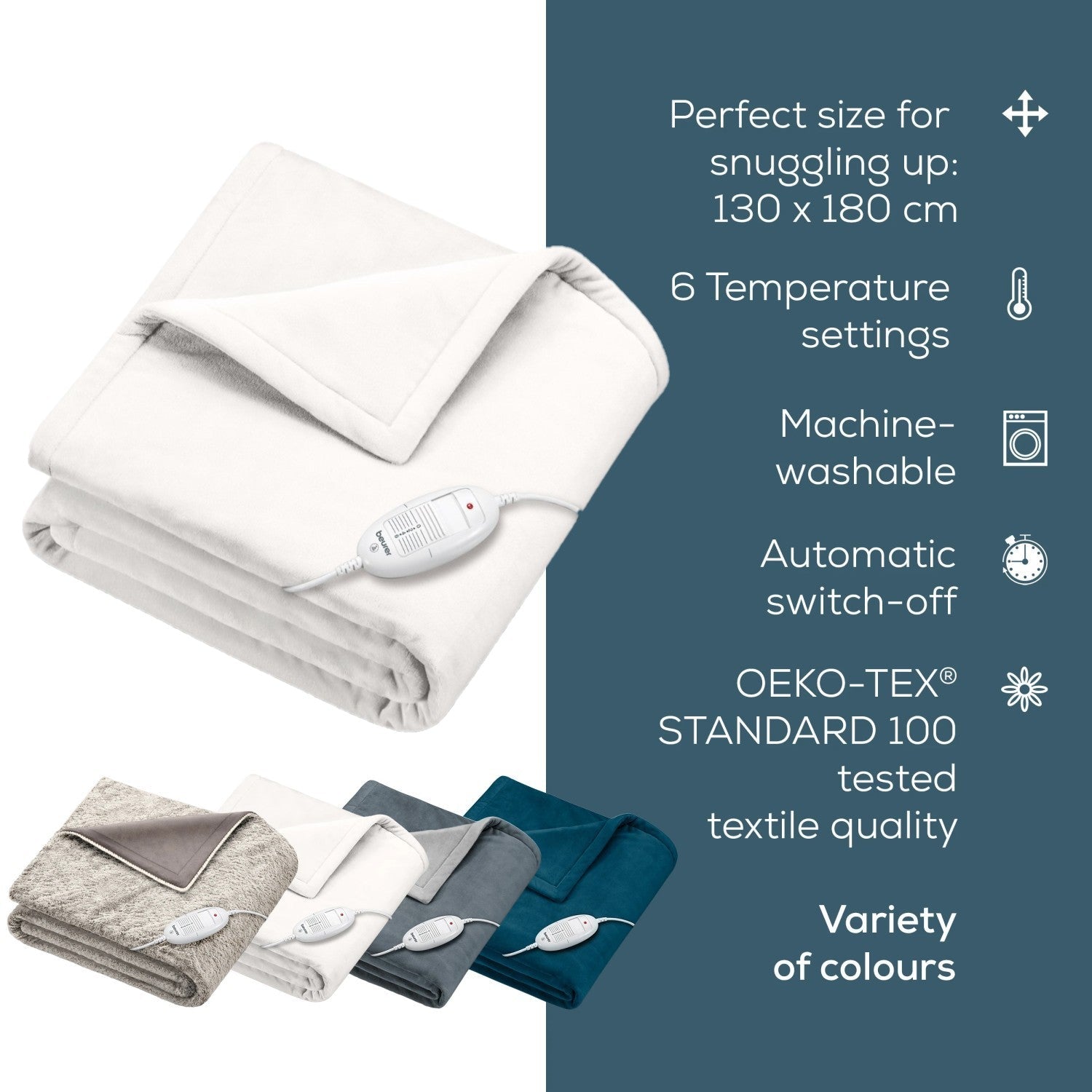 Beurer HD 75 Electric Blanket: Portable Heated Throw for Sofa, Bed or Study | 180x130cm | White