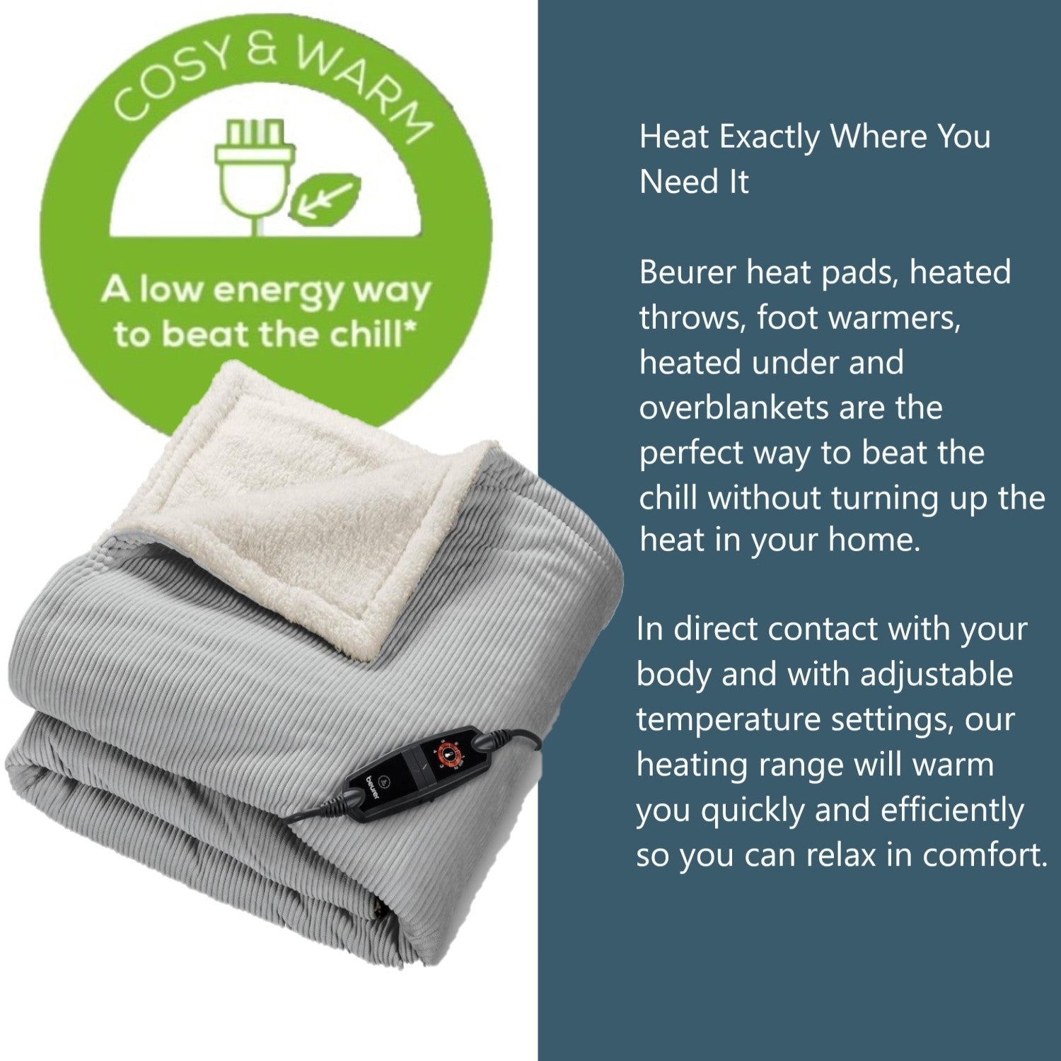 Beurer HD 81 GP Electric Blanket: Eco-Friendly Heated Throw. Corded Fabric. Light Grey 1.8x1.3m