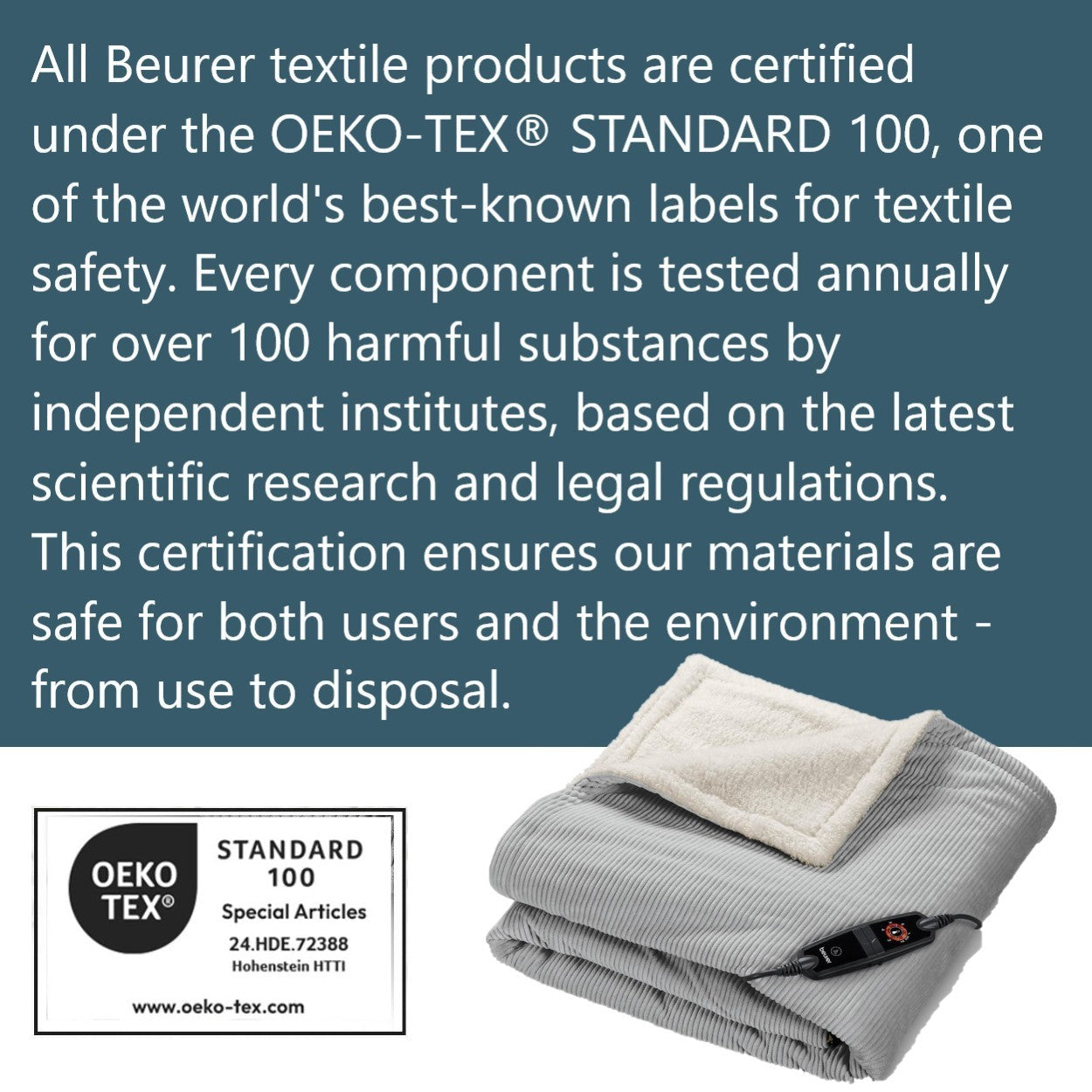 Beurer HD 81 GP Electric Blanket: Eco-Friendly Heated Throw. Corded Fabric. Light Grey 1.8x1.3m