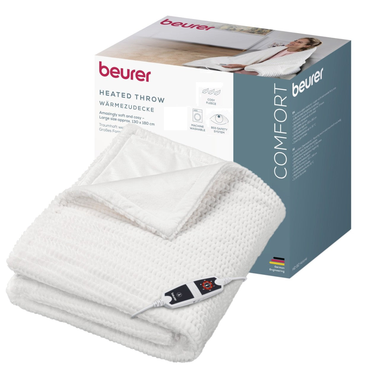 Beurer Electric Blanket HD 82 Helsinki | Portable Heated Throw for Sofa, Bed or Study | White | 130 x 180 cm