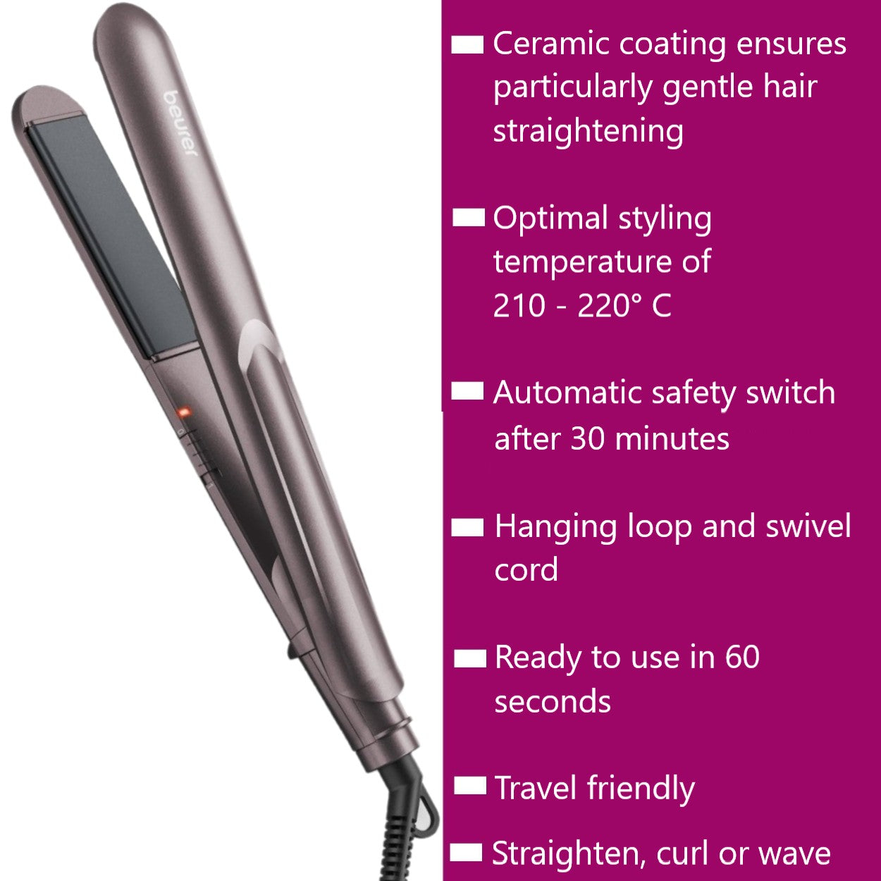 Beurer HS 15 Hair Straightener: Fast Heating | Ceramic Coating | Gentle on Hair | Straighten, Curl or Wave