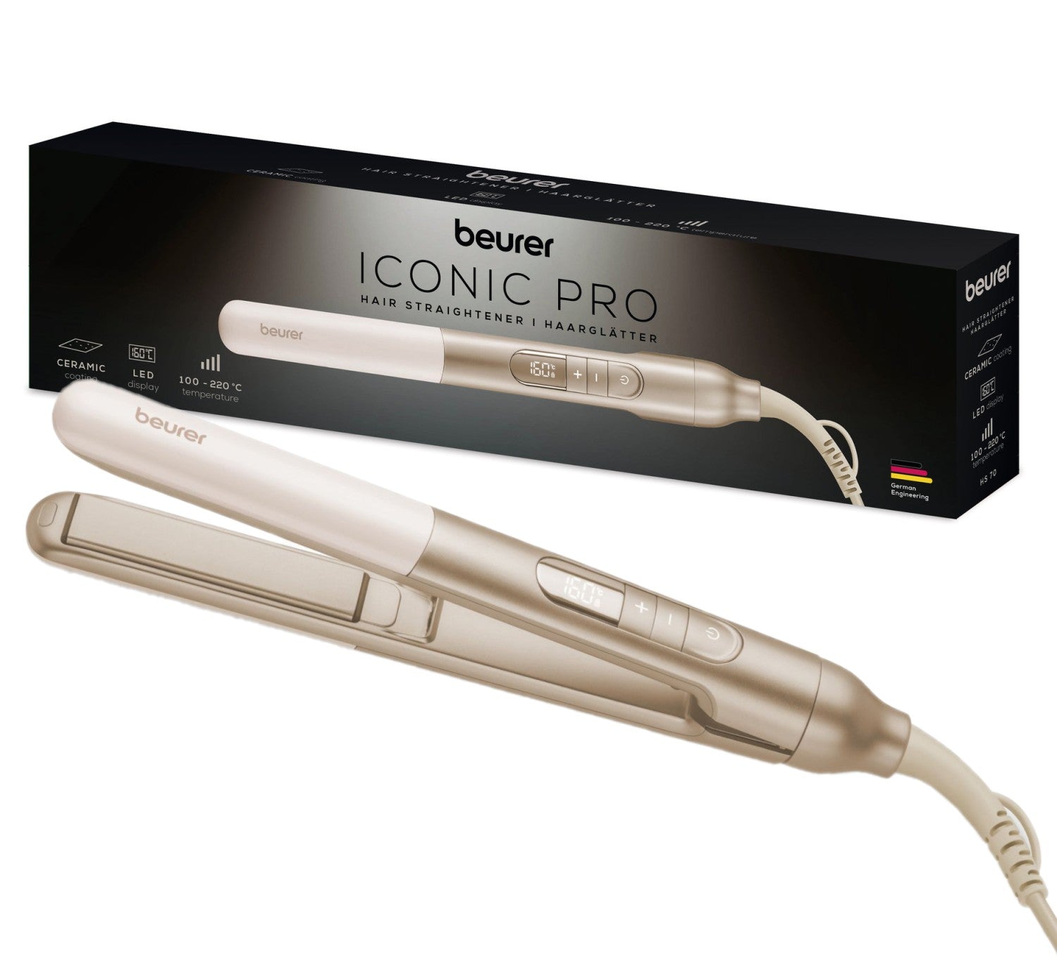 Beurer HS 70 Hair Straightener: Protective Ceramic Coating | Ion Function | 100- 220°C | Straighten or Curl