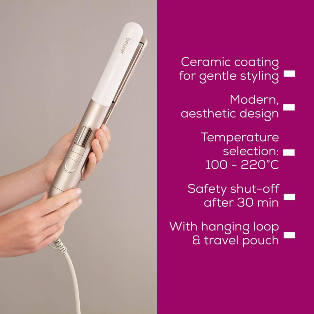 Beurer HS 70 Hair Straightener: Protective Ceramic Coating | Ion Function | 100- 220°C | Straighten or Curl