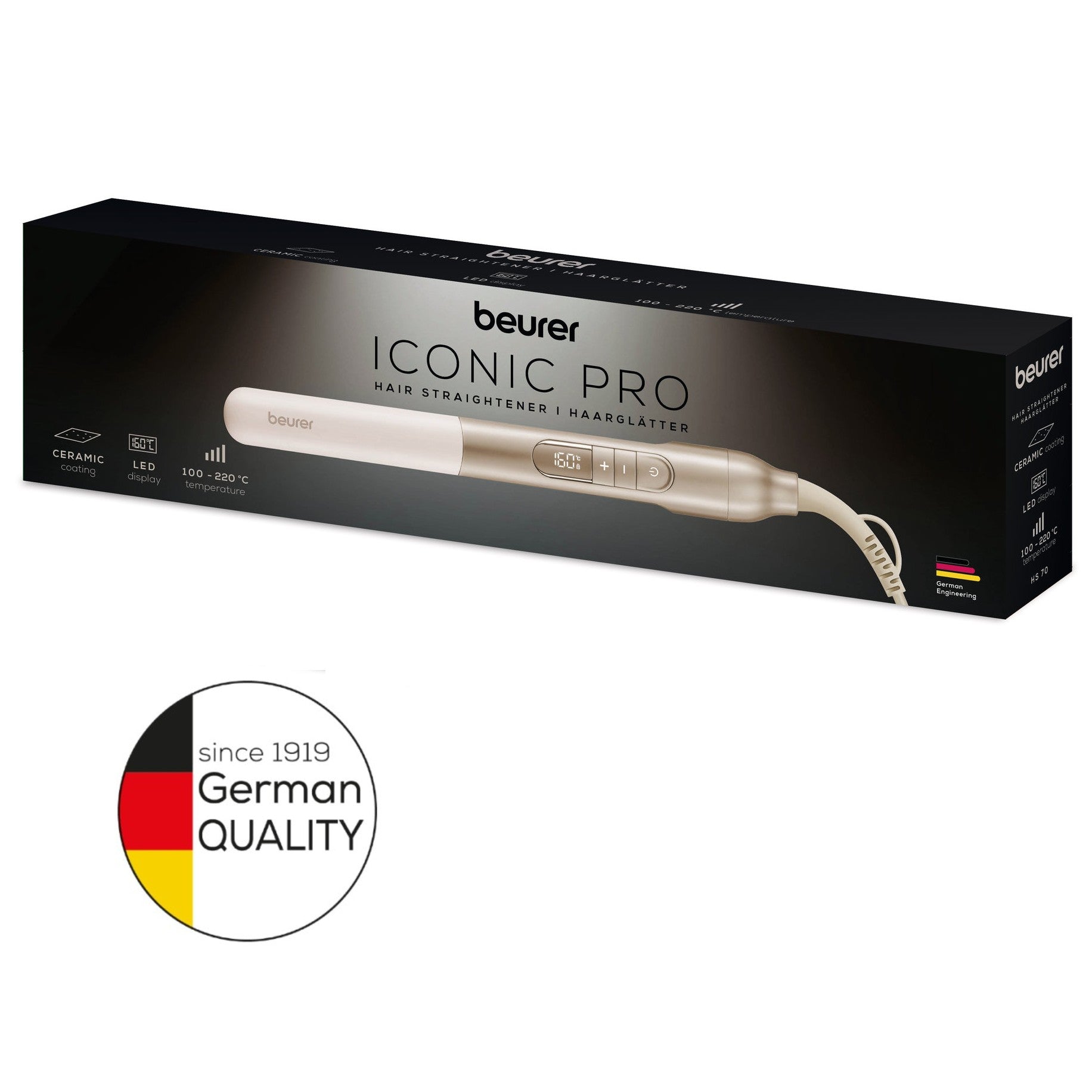 Beurer HS 70 Hair Straightener: Protective Ceramic Coating | Ion Function | 100- 220°C | Straighten or Curl