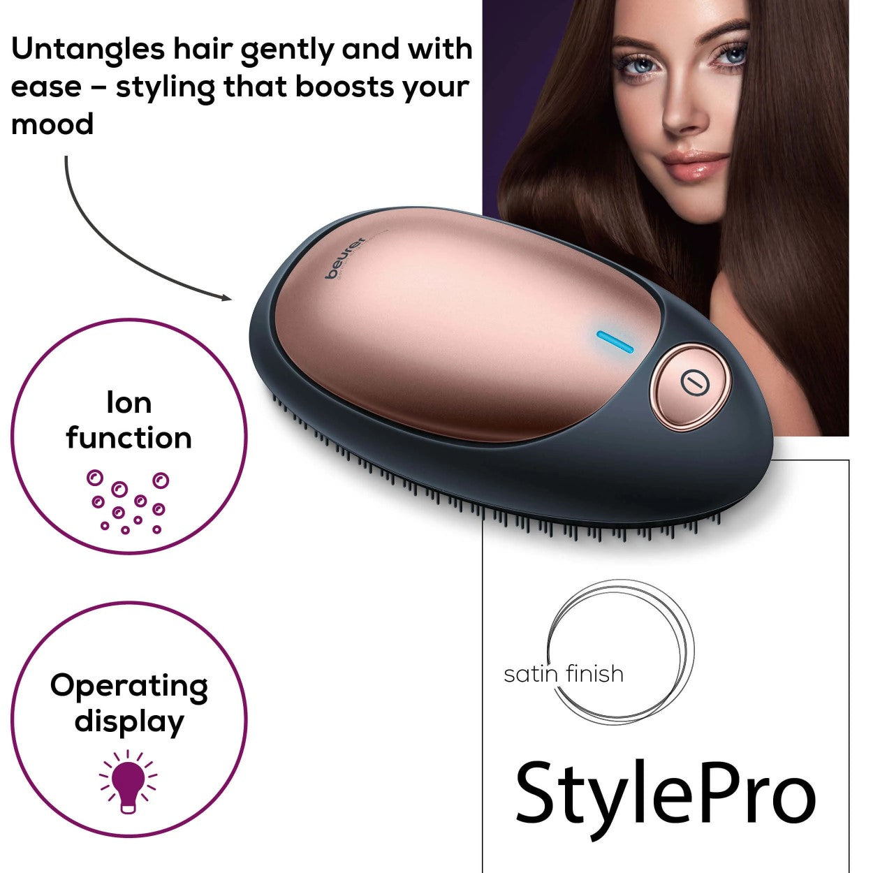 Beurer HT 10 Detangling Brush with Ion Technology. Handbag Size & Portable. Black & Rose