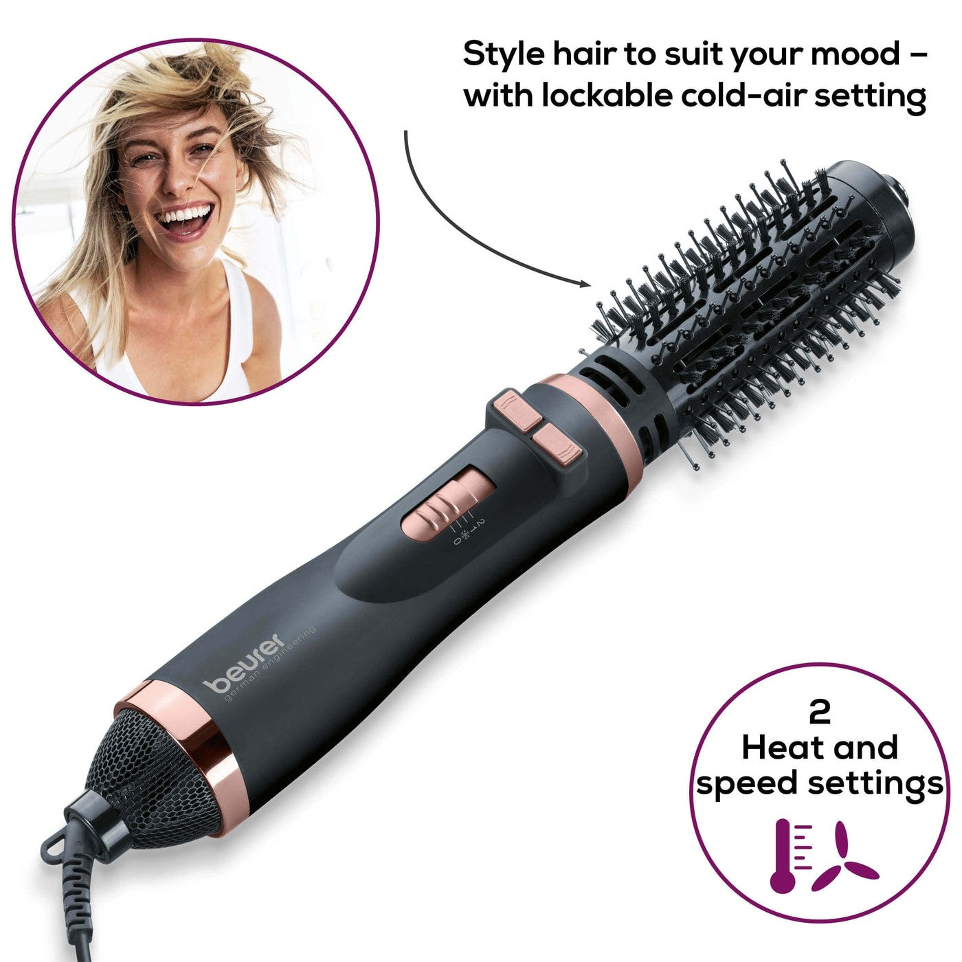 Beurer HT 80 Hot Air Brush | Rotating Hair Styler & Dryer for Volume or Curls