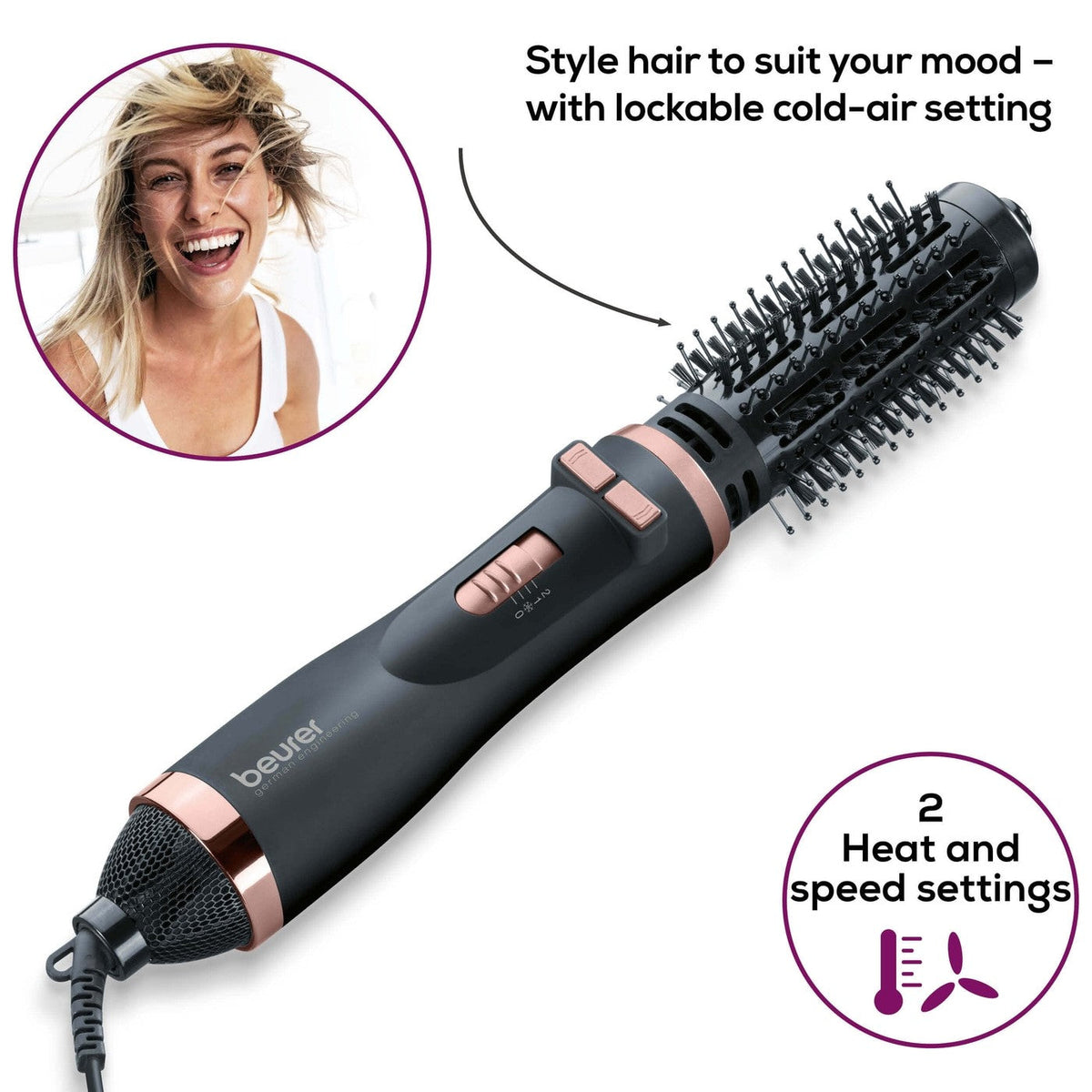 Beurer HT 80 Hot Air Brush | Rotating Hair Styler & Dryer for Volume or Curls