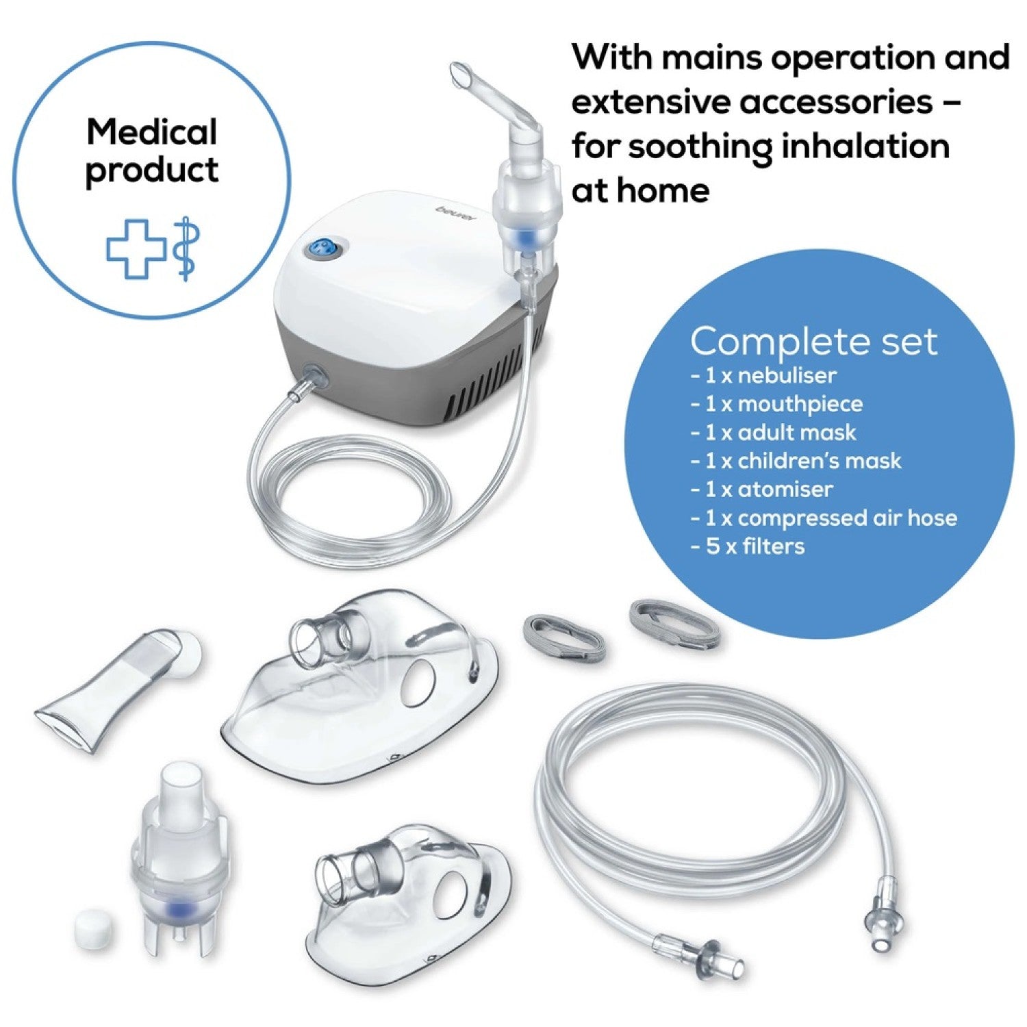 Beurer IH 18 Compressed Air Technology Nebuliser Including Accessories - Fast, Effective Upper & Lower Airway Relief