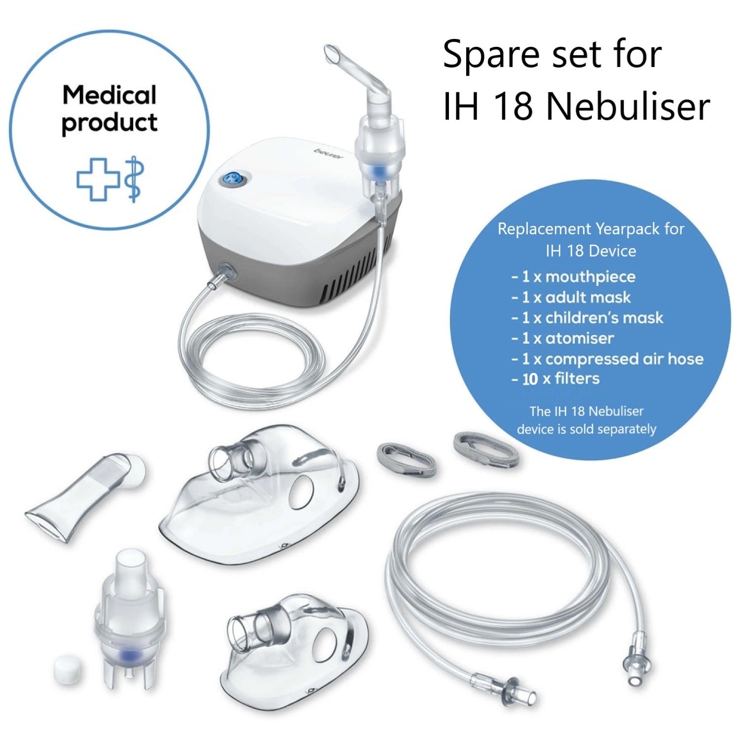 Beurer IH 18 Compressed Air Technology Nebuliser Including Accessories - Fast, Effective Upper & Lower Airway Relief