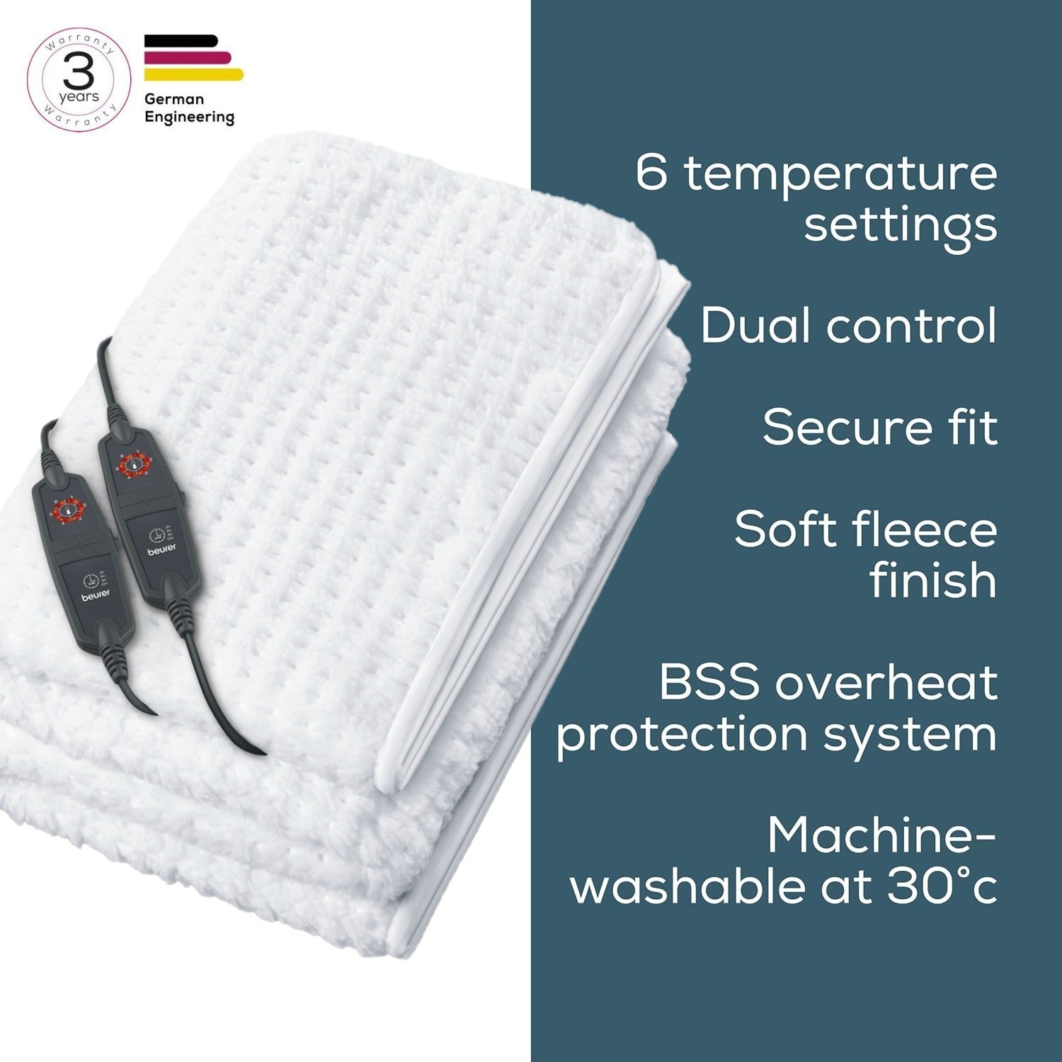 Beurer Germany Indulgence Heated Electric Blanket Mattress Topper | Dual Controls | 6 Heat Settings | Low Energy Use | Super King XL (180 x 200 cm)