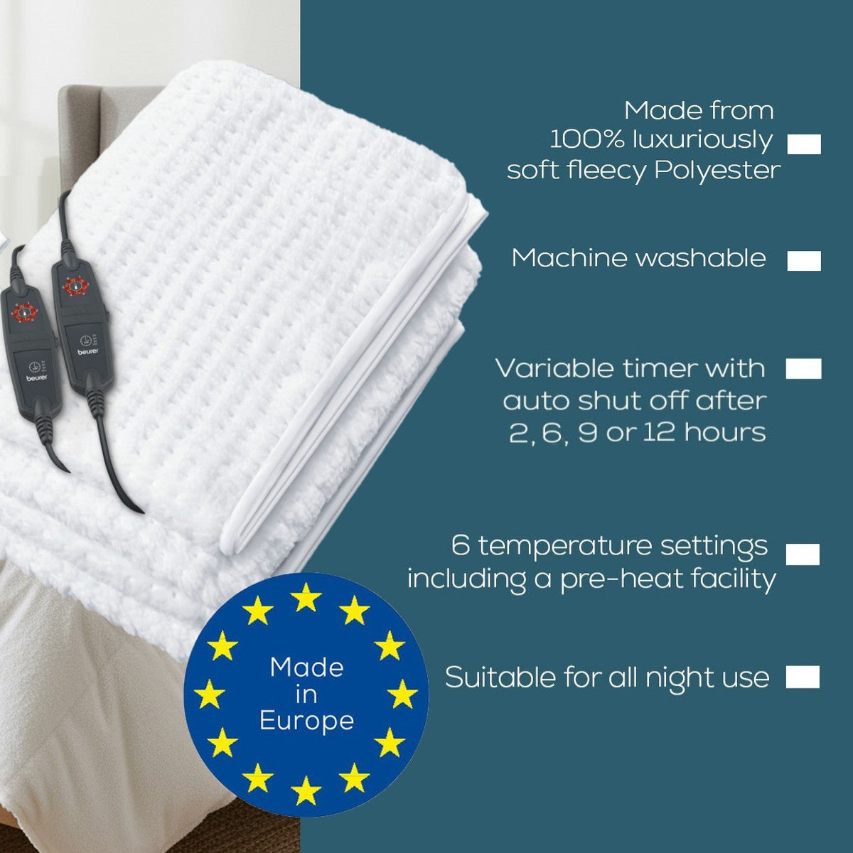 Beurer Germany Indulgence Heated Electric Blanket Mattress Topper | Dual Controls | 6 Heat Settings | Low Energy Use | Super King XL (180 x 200 cm)