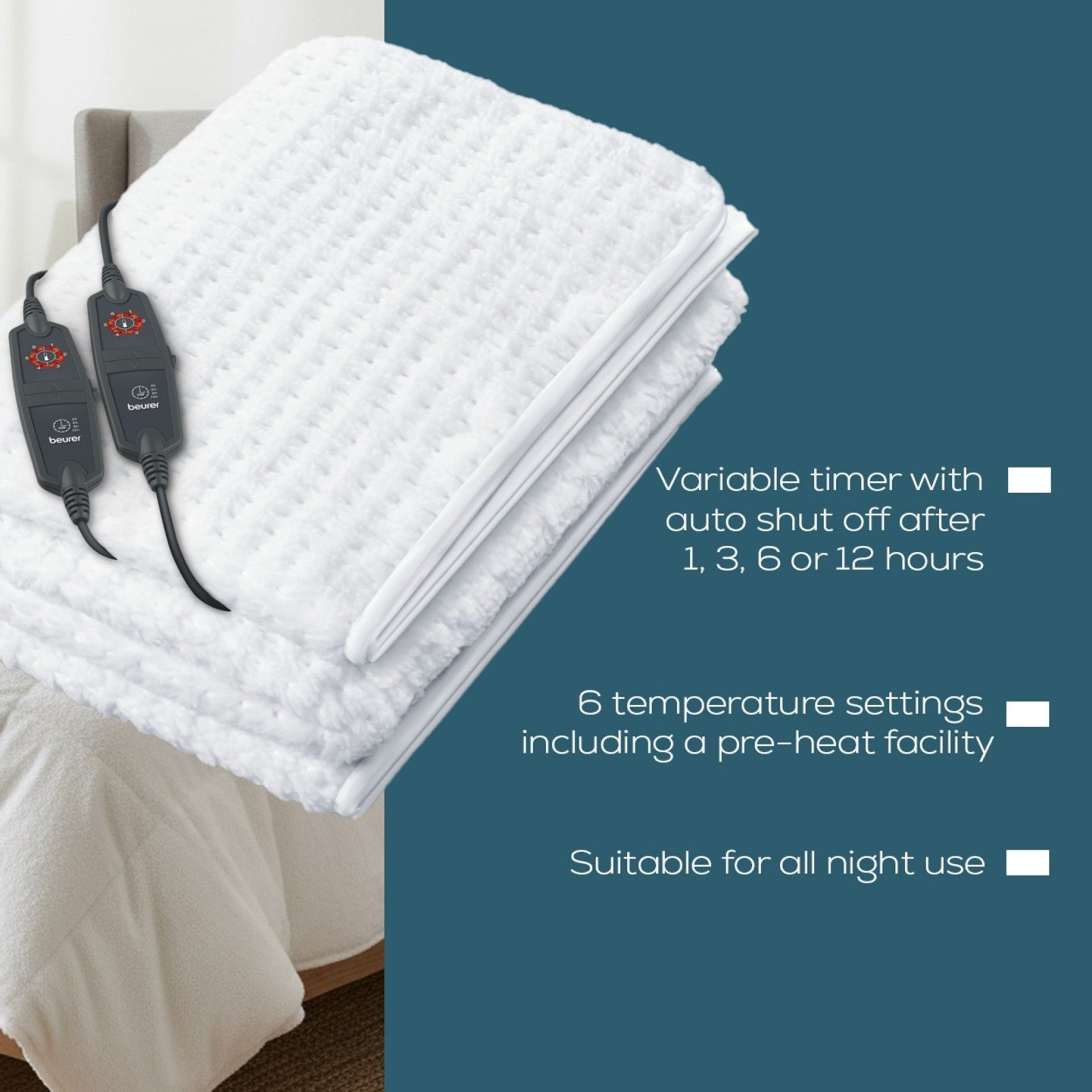 Beurer Germany Indulgence Heated Electric Blanket Mattress Topper | Dual Controls | 6 Heat Settings | Low Energy Use | Super King XL (180 x 200 cm)