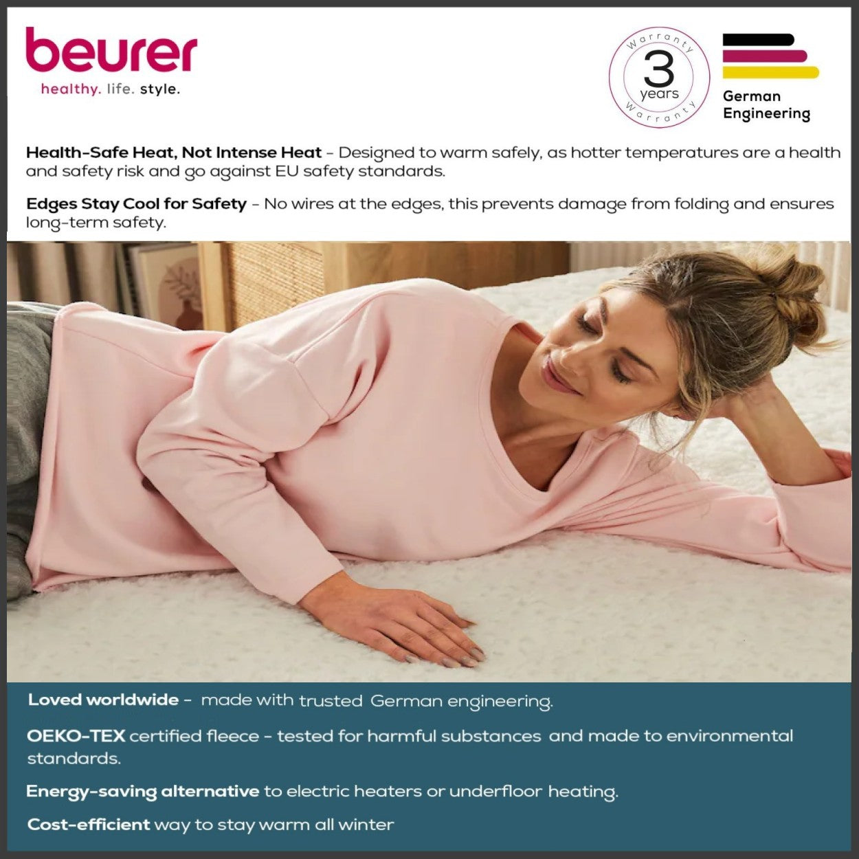 Beurer Germany Indulgence Heated Electric Blanket Mattress Topper | Dual Controls | 6 Heat Settings | Low Energy Use | Super King XL (180 x 200 cm)