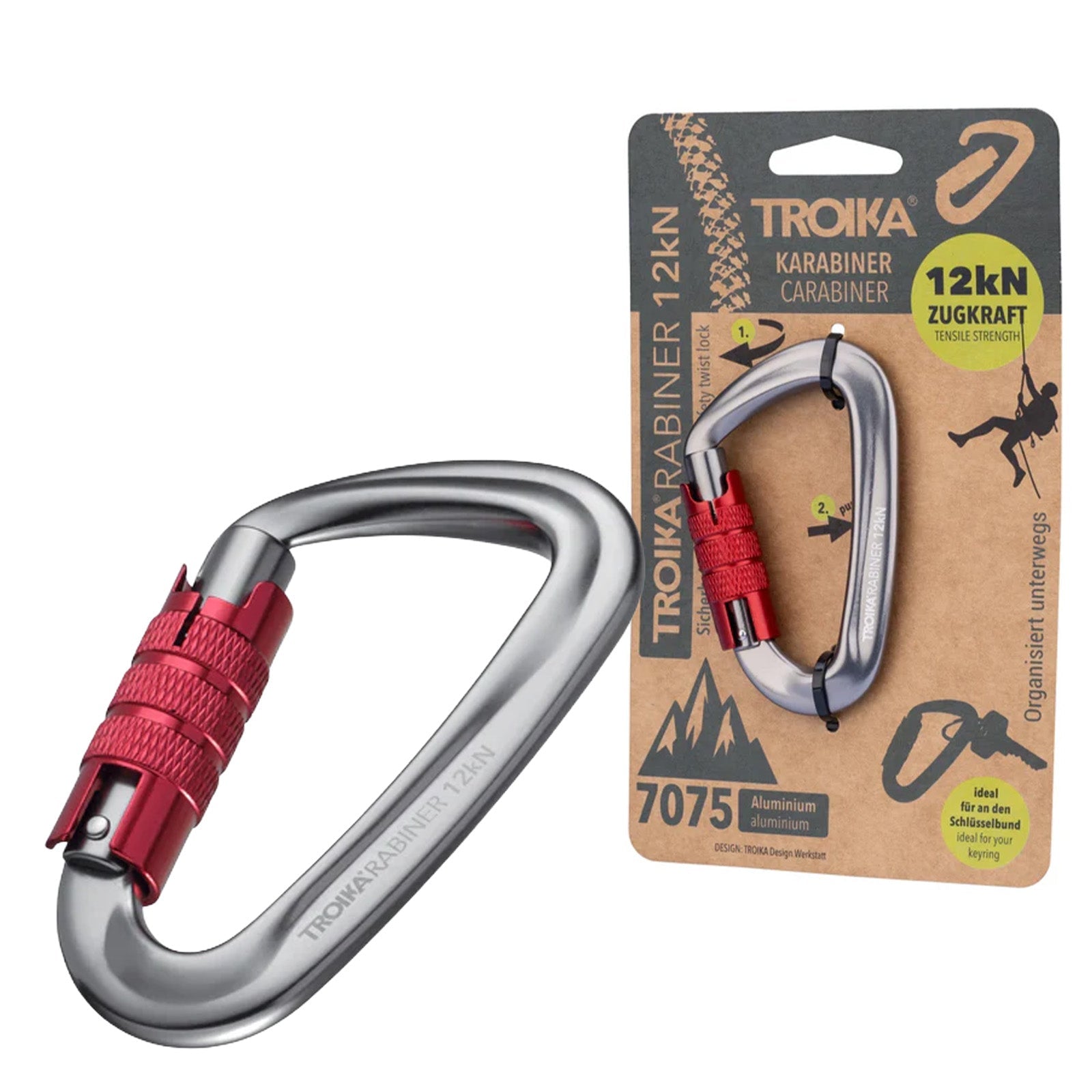 TROIKA Germany Carabiner | 12kN Safety Twist Lock | 7075 Aluminium | Red