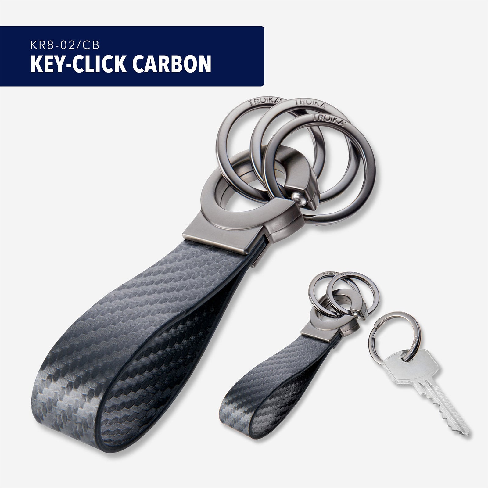 TROIKA Germany Clip Keyring | Carbon Faux Leather | Click Fastener | 3 Rings