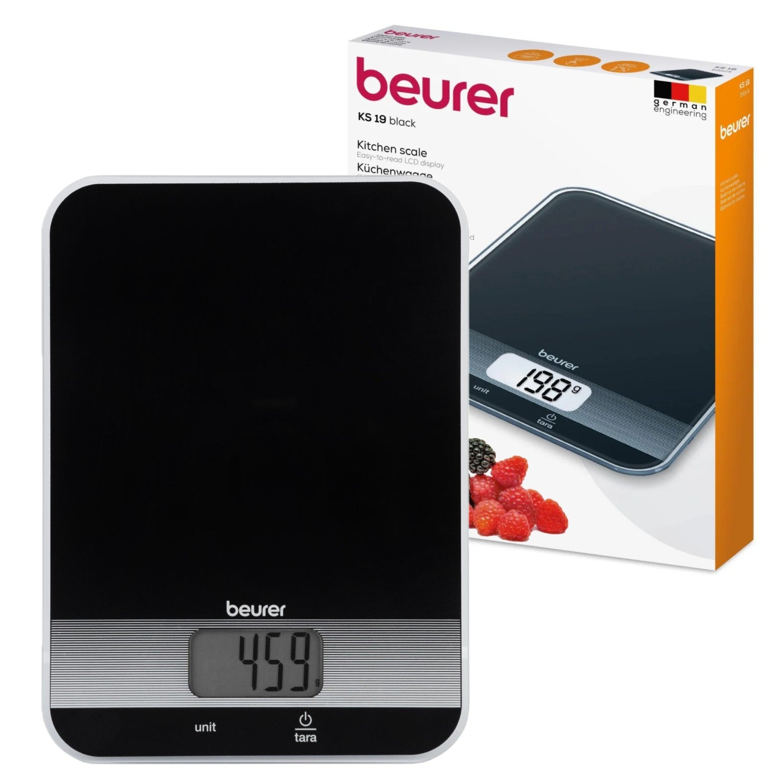 Beurer Germany KS 19 Digital Kitchen Scale | 1g Increments to 5kg. Tare Mode. Glass | Sleek Black