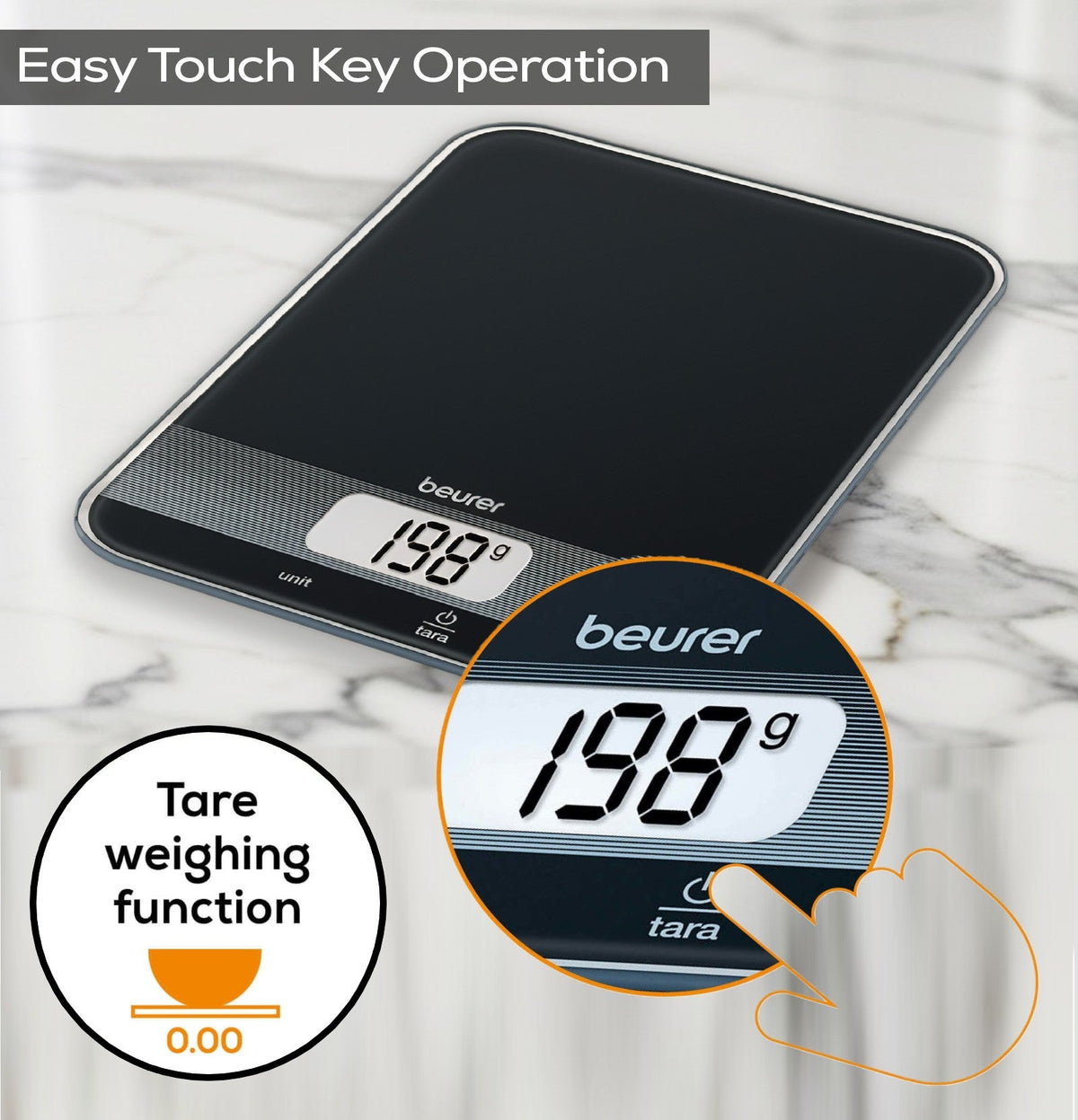 Beurer Germany KS 19 Digital Kitchen Scale | 1g Increments to 5kg. Tare Mode. Glass | Sleek Black
