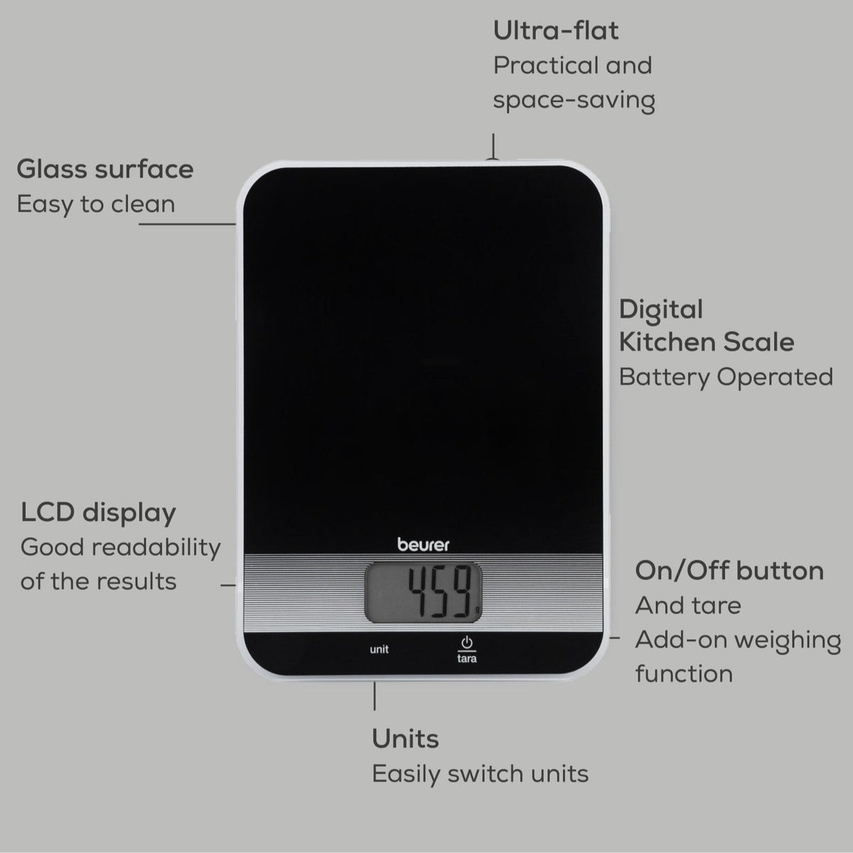 Beurer Germany KS 19 Digital Kitchen Scale | 1g Increments to 5kg. Tare Mode. Glass | Sleek Black