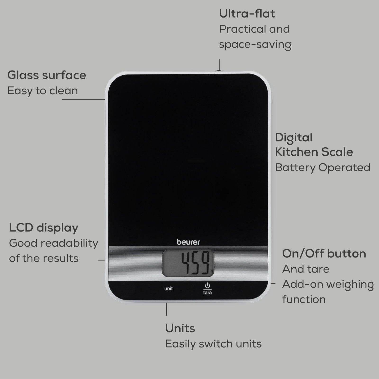 Beurer Germany KS 19 Digital Kitchen Scale | 1g Increments to 5kg. Tare Mode. Glass | Sleek Black